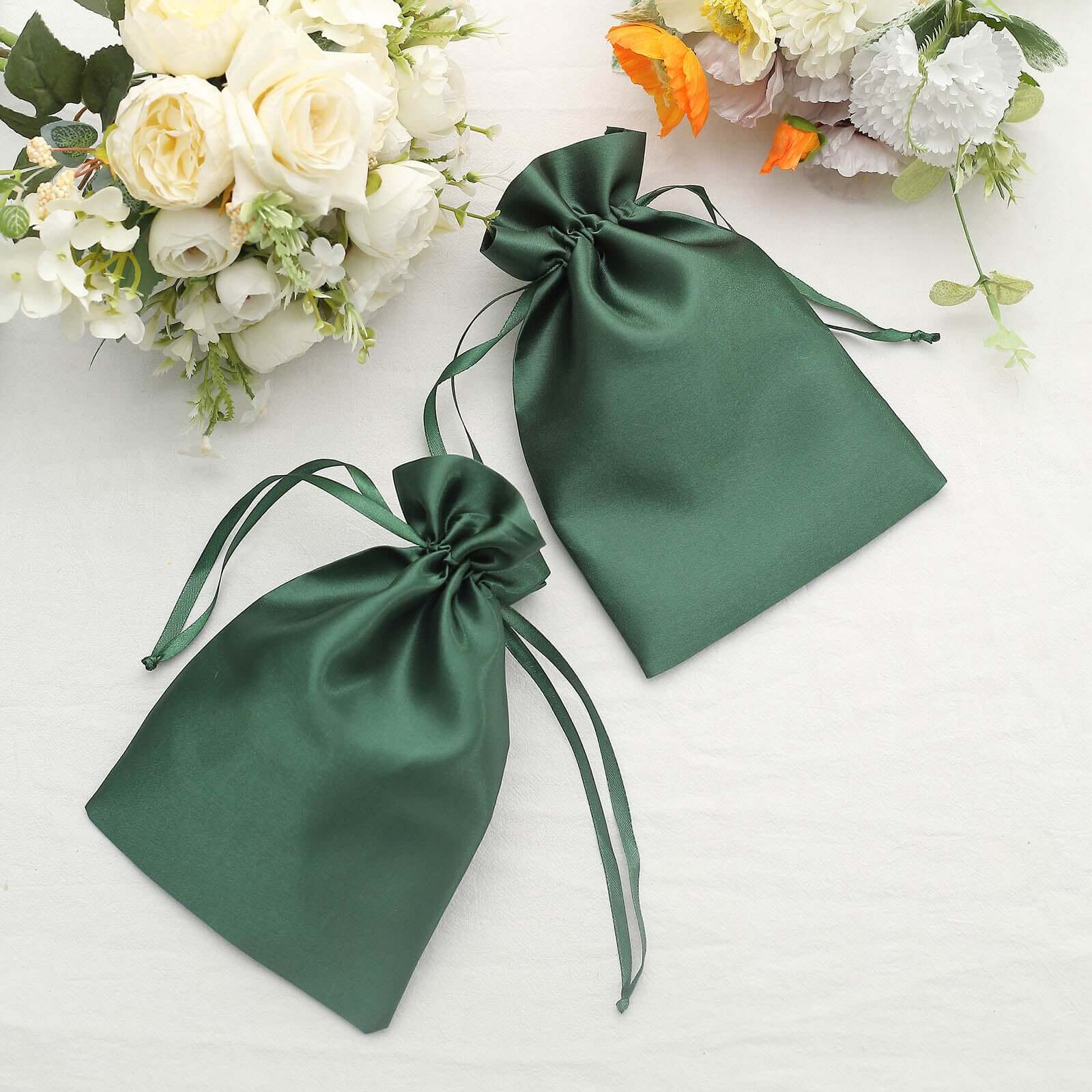 12 Pack 6x9 Hunter Emerald Green Satin Wedding Party Favor Bags, Drawstring Pouch Gift Bags