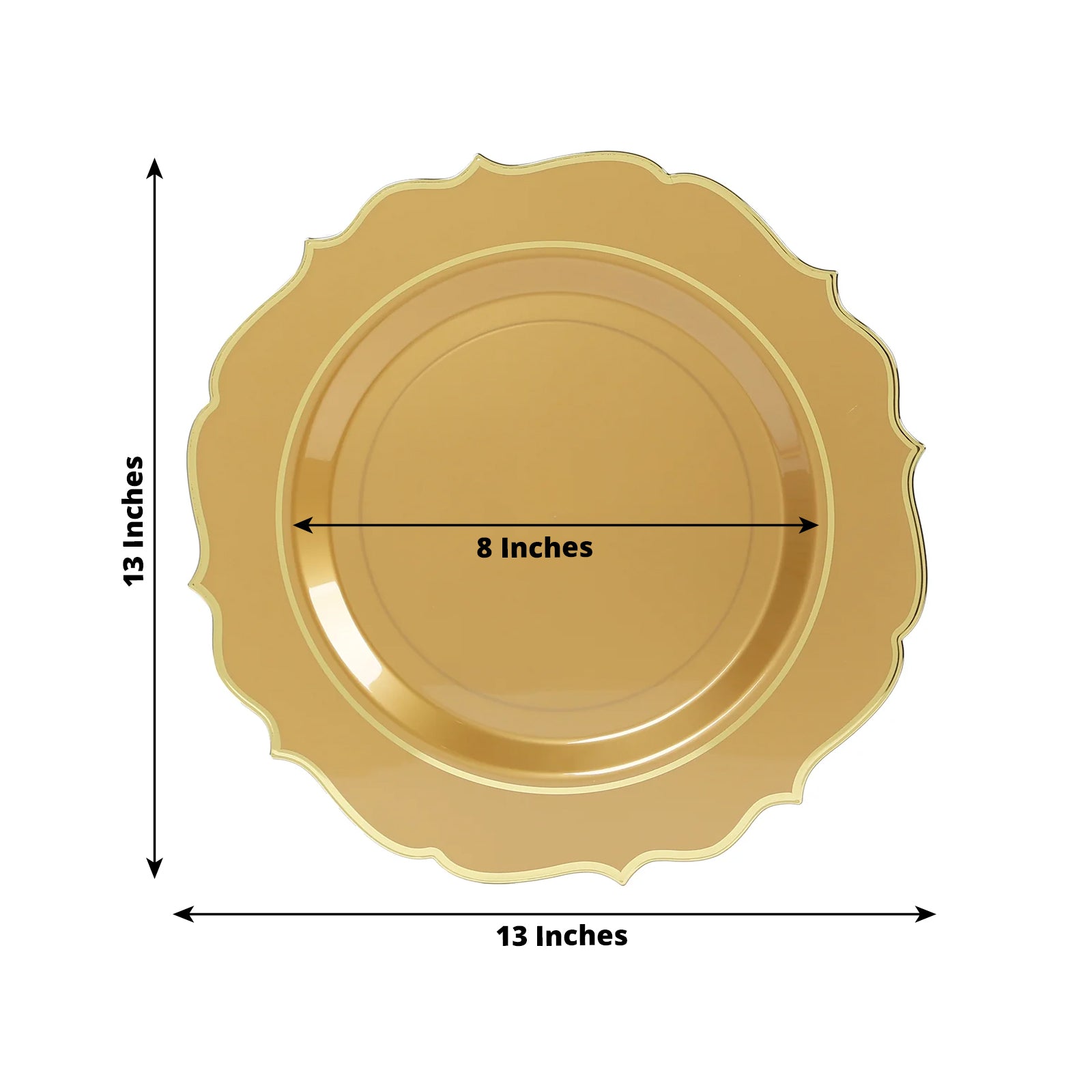 10-Pack Economy Plastic Round Charger Plates 13 in Gold with Scalloped Rim, Decorative Dinner Party Serving Plates