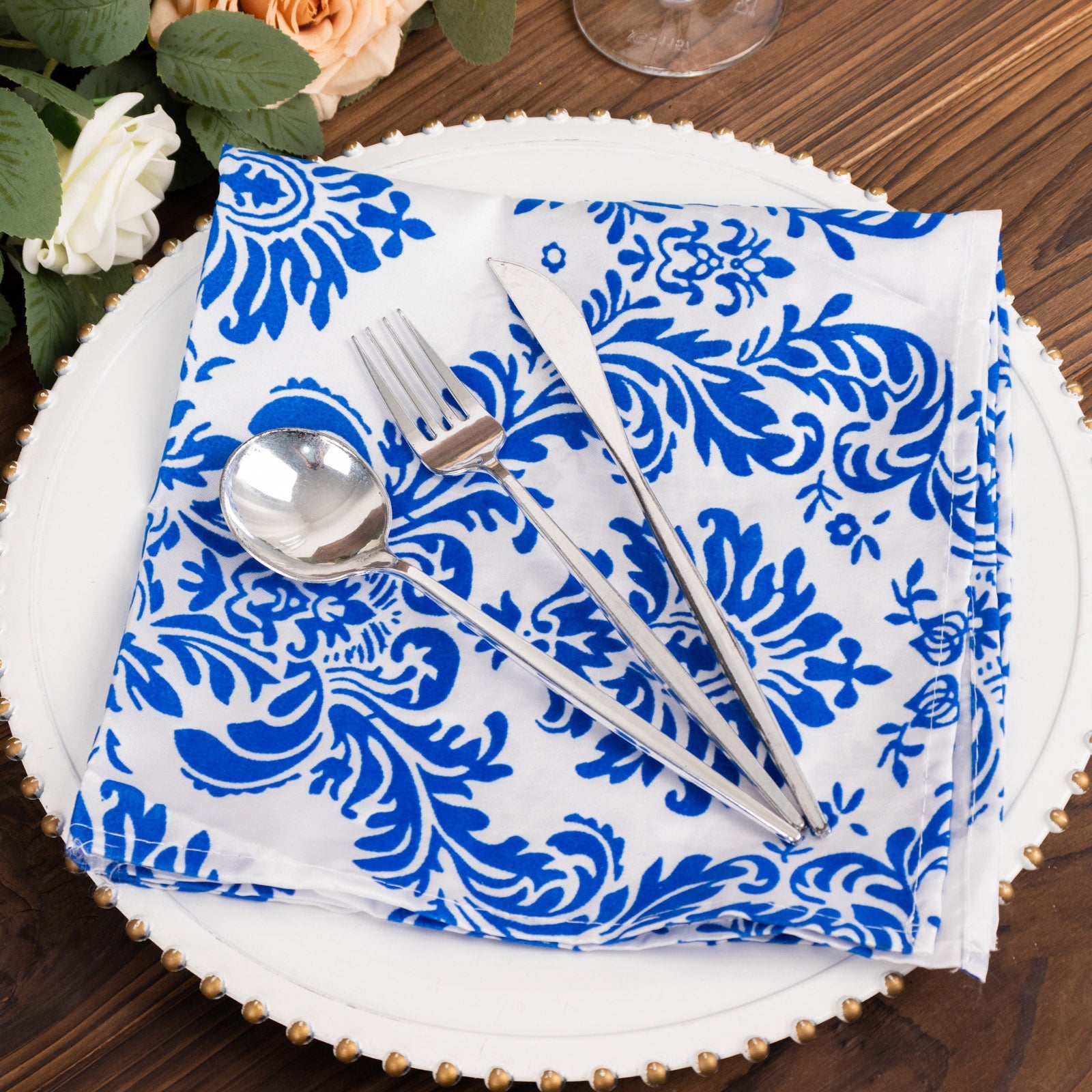 5 Pack Royal Blue White Damask Flocking Taffeta Napkins, Decorative Cloth Napkins for Weddings and Events - 20x20