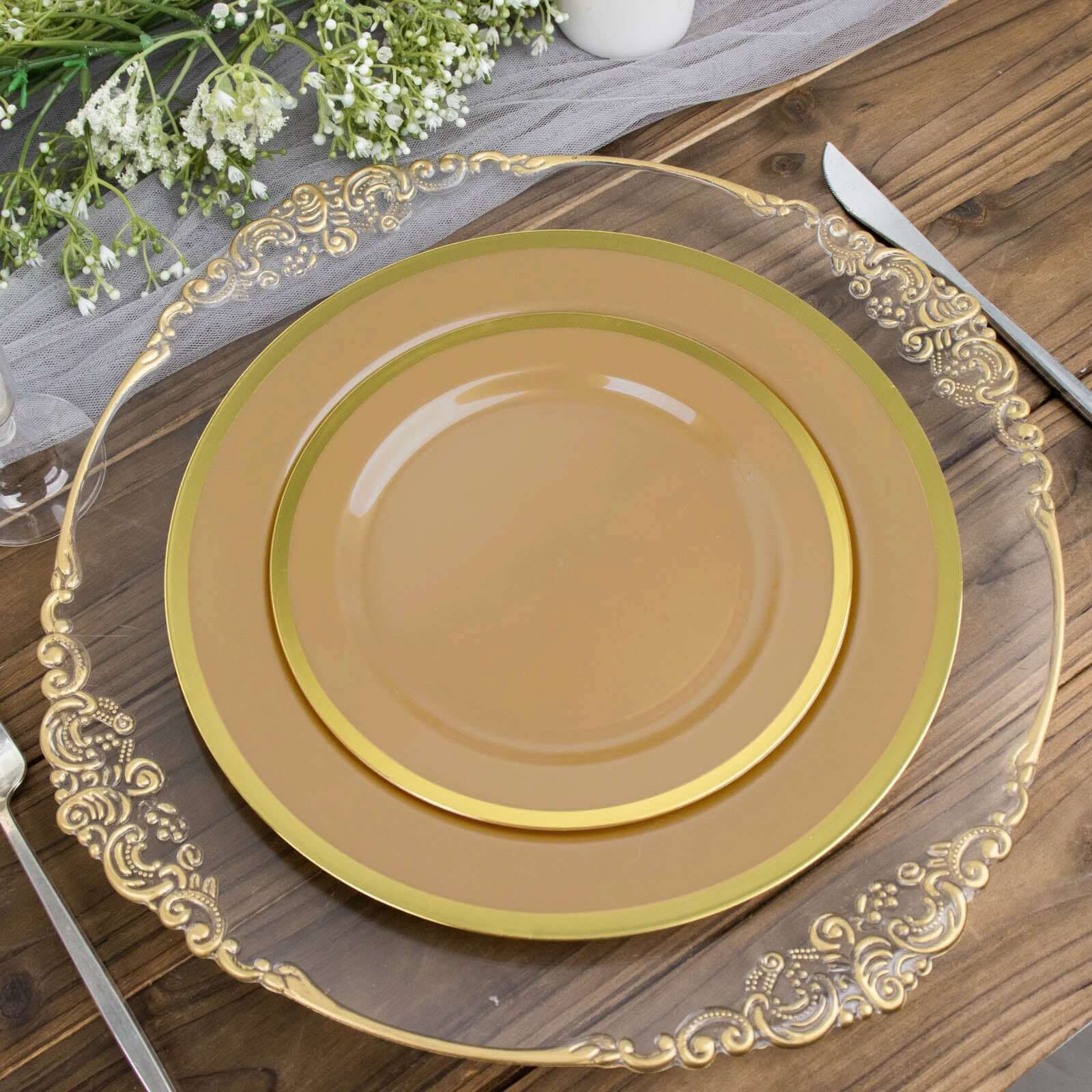 10-Pack Plastic 7 Round Appetizer Plates in Gold with Gold Rim - Sleek Disposable Salad Plates for Banquets & Special Occasions