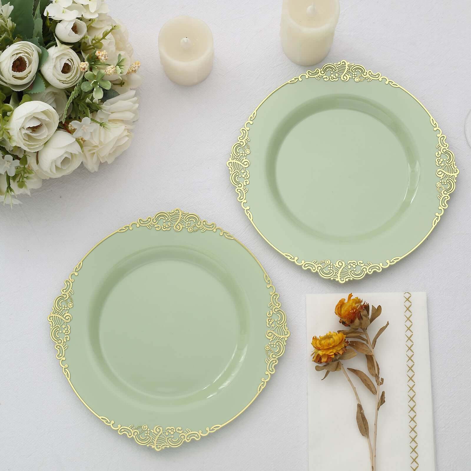 10-Pack Plastic 8 Round Dessert Plates in Sage Green with Gold Leaf Embossed Rim - Disposable Vintage Baroque Style Salad Plates