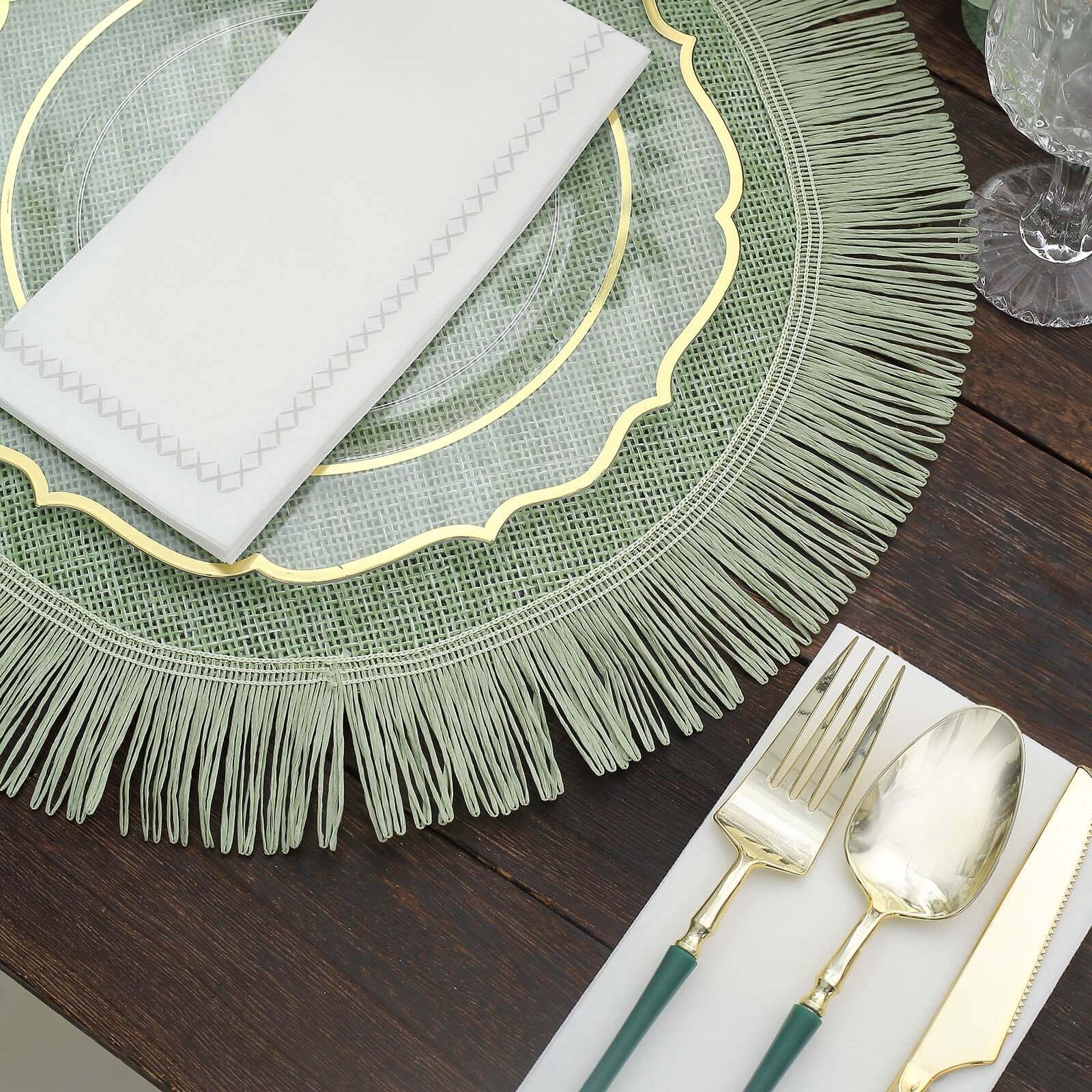 4-Pack Placemats Fringe Edge Design Sage Green Jute Round - Rustic Boho Chic Burlap Table Decor 16