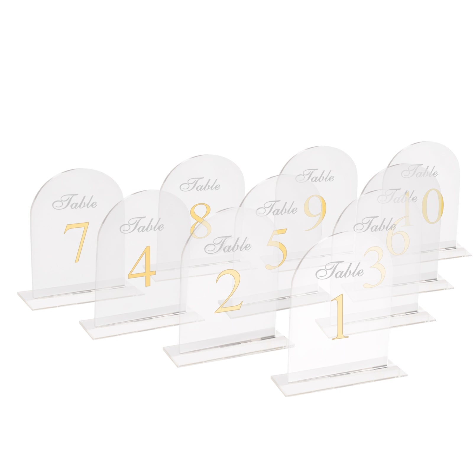 Clear Arch Acrylic Table Numbers (1-10) - 6x7 Wedding Reception Signs with Gold Print & Stands