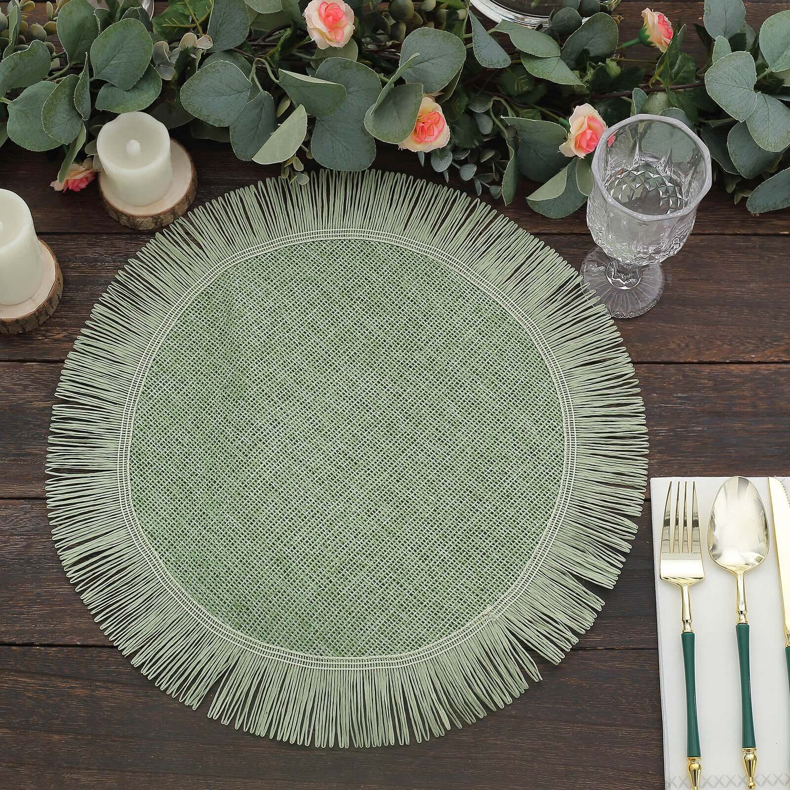 4-Pack Placemats Fringe Edge Design Sage Green Jute Round - Rustic Boho Chic Burlap Table Decor 16