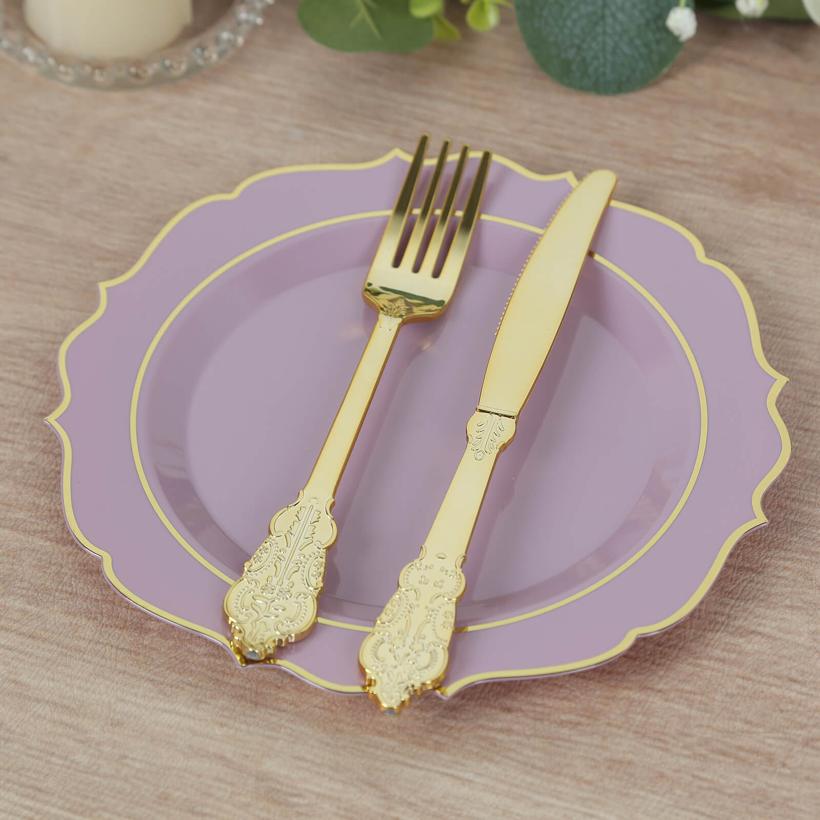 10-Pack Plastic 8 Round Desert Plates in Lavender Lilac with Gold Scalloped Rim - Disposable Appetizer/Salad Plates