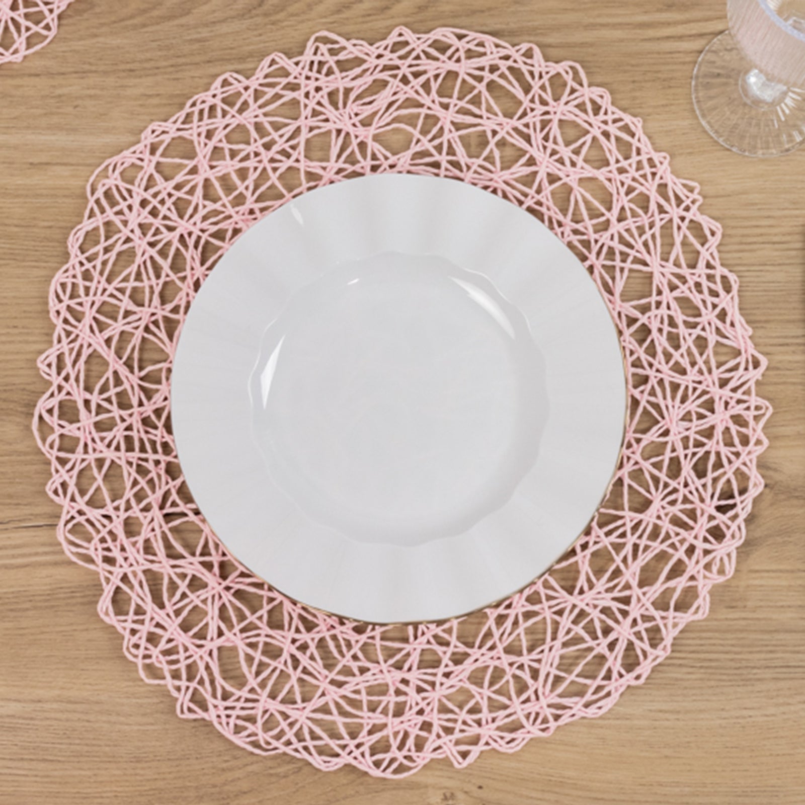 6-Pack Table Placemats Woven Fiber Design Blush Round - Disposable Mats for Dining and Events 15