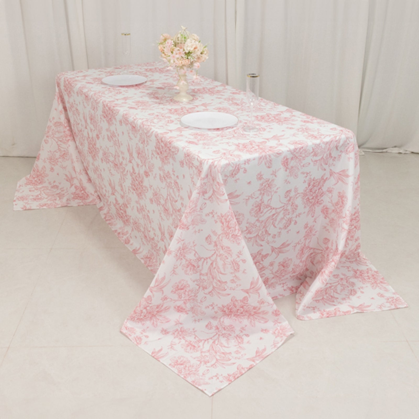 Polyester 90x132 Rectangle Tablecloth White - Seamless Pink French Toile Pattern for Formal Celebrations