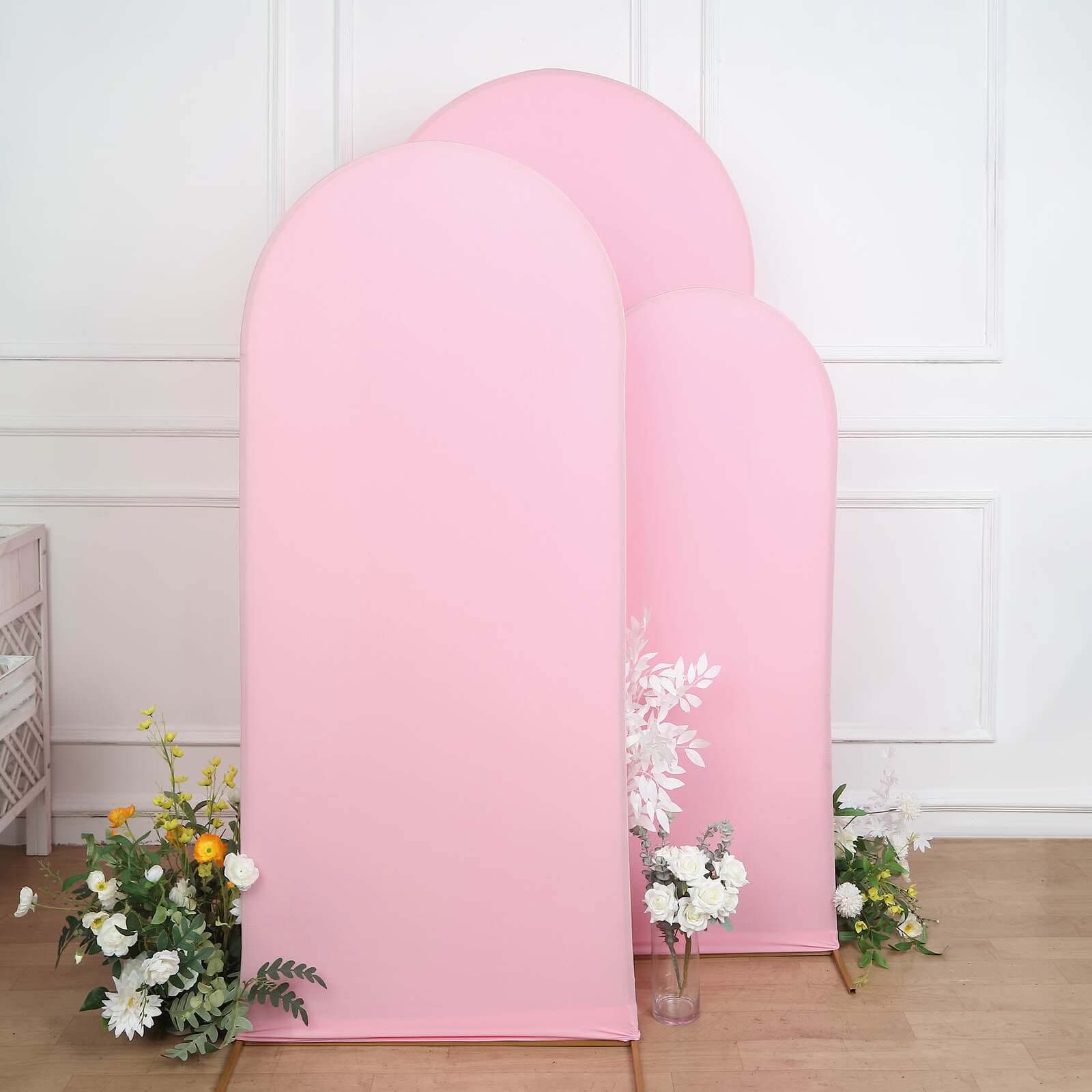 Set of 3 Matte Pink Spandex Fitted Chiara Backdrop Stand Cover For Round Top Wedding Arch - 5ft, 6ft, 7ft