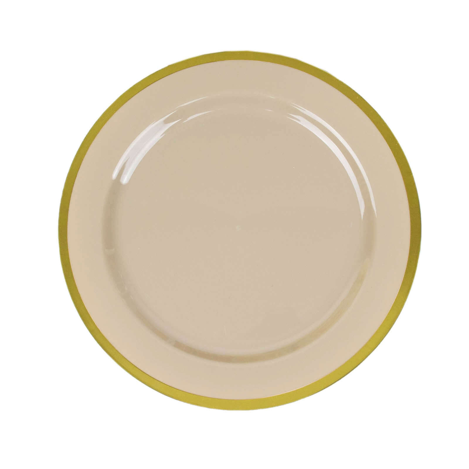 10-Pack Plastic 10 Round Dinner Plates in Taupe with Gold Rim - Disposable Party Plates for Classy Banquets & Special Occasions