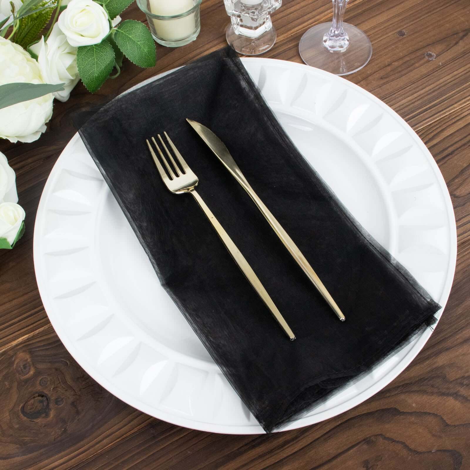 10 Pack Organza 23x23 Napkins Black - Sheer Cloth Napkins