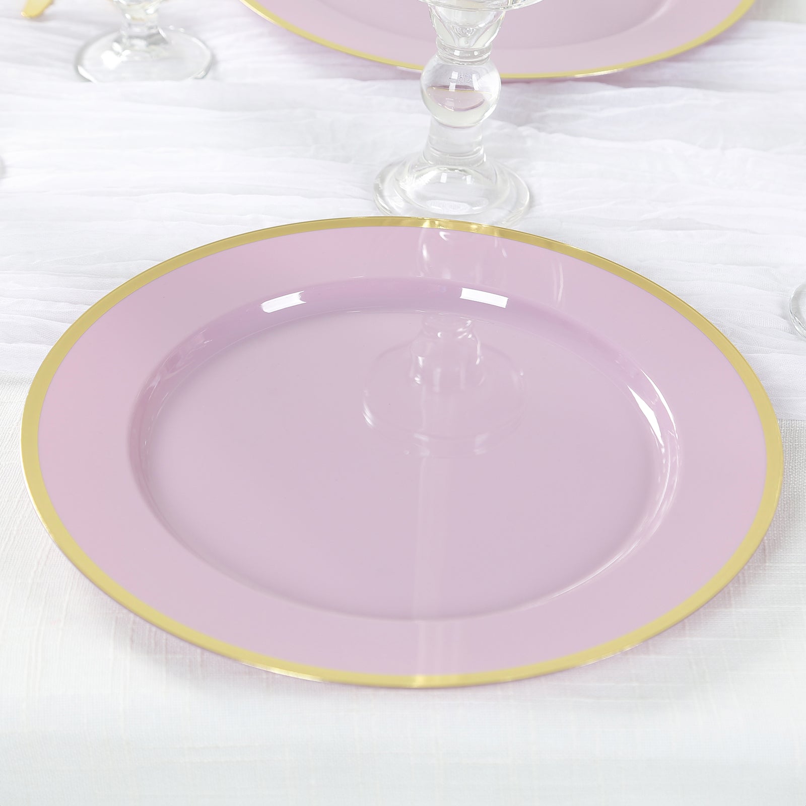 10-Pack Economy Plastic Round Charger Plates 12 in Lavender Lilac with Wide Gold Rim, Decorative Dinner Party Serving Plates