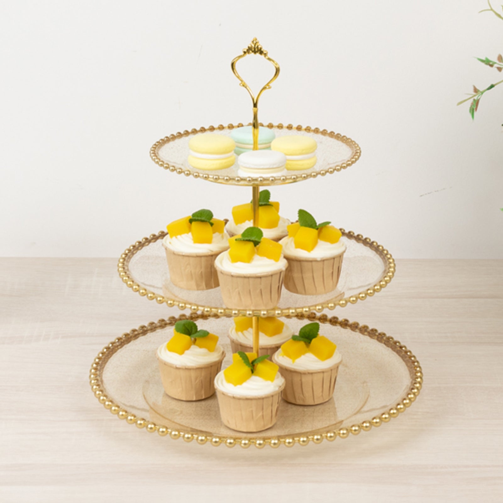 14 Clear Gold Glittered 3-Tier Plastic Dessert Display Stand With Gold Beaded Rim, Round Cupcake Tower Tea Party Serving Platter With Top Handle