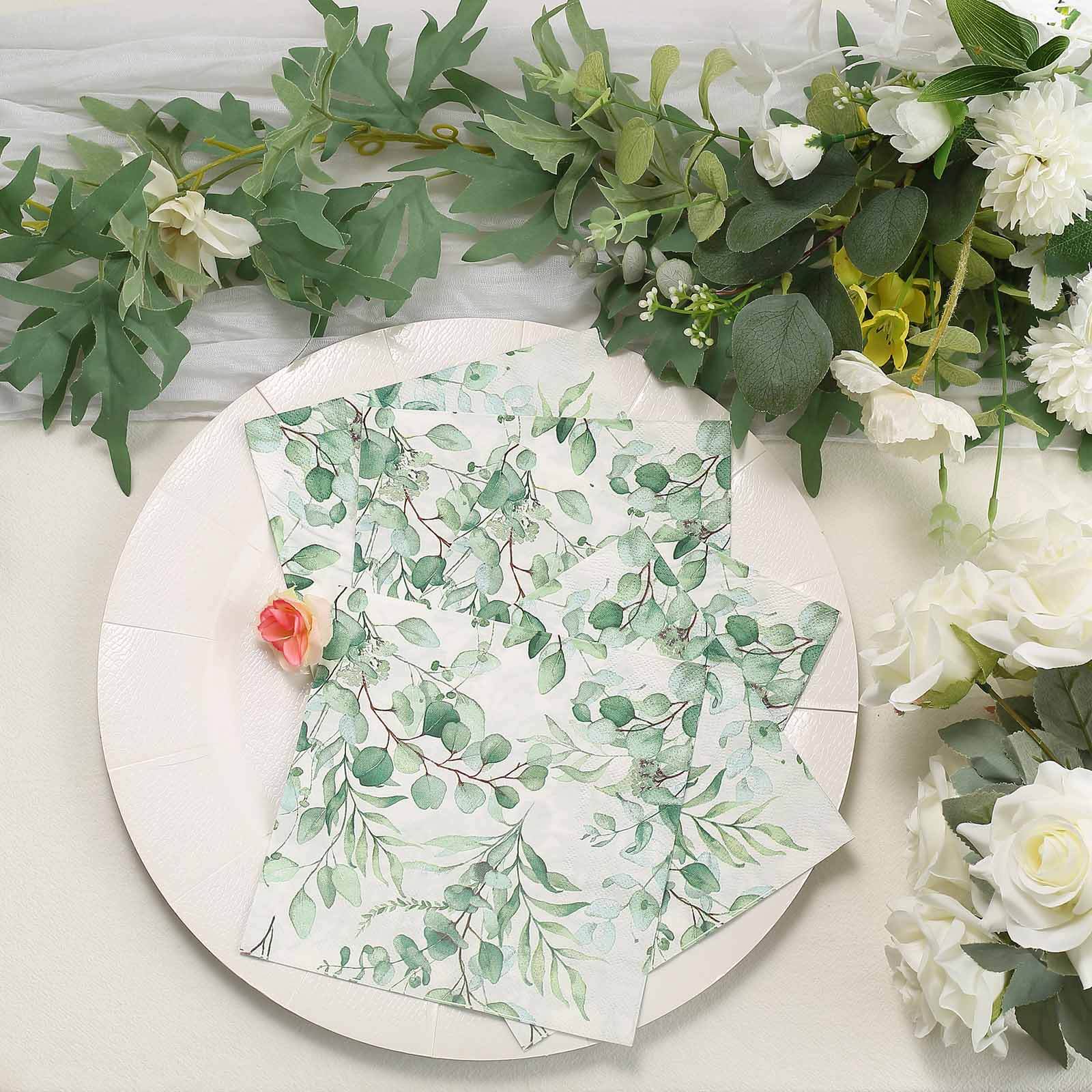 50-Pack Paper Beverage Napkins with Green Foliage Eucalyptus Leaves Design - 2 Ply Soft 18GSM Boho Wedding Napkins 6.5x6.5