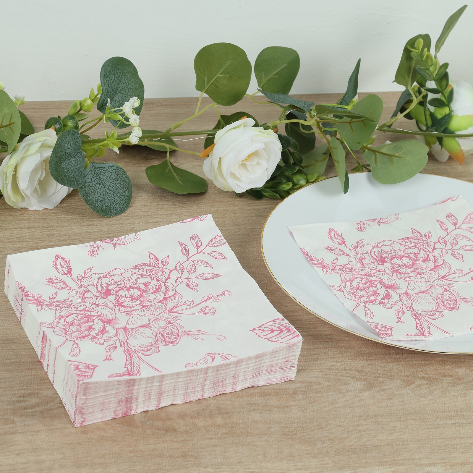 50 Pack Pink 2-Ply Paper Beverage Napkins in Matte Pink and White French Toile Floral Pattern, Highly Absorbent Soft Disposable Cocktail Napkins