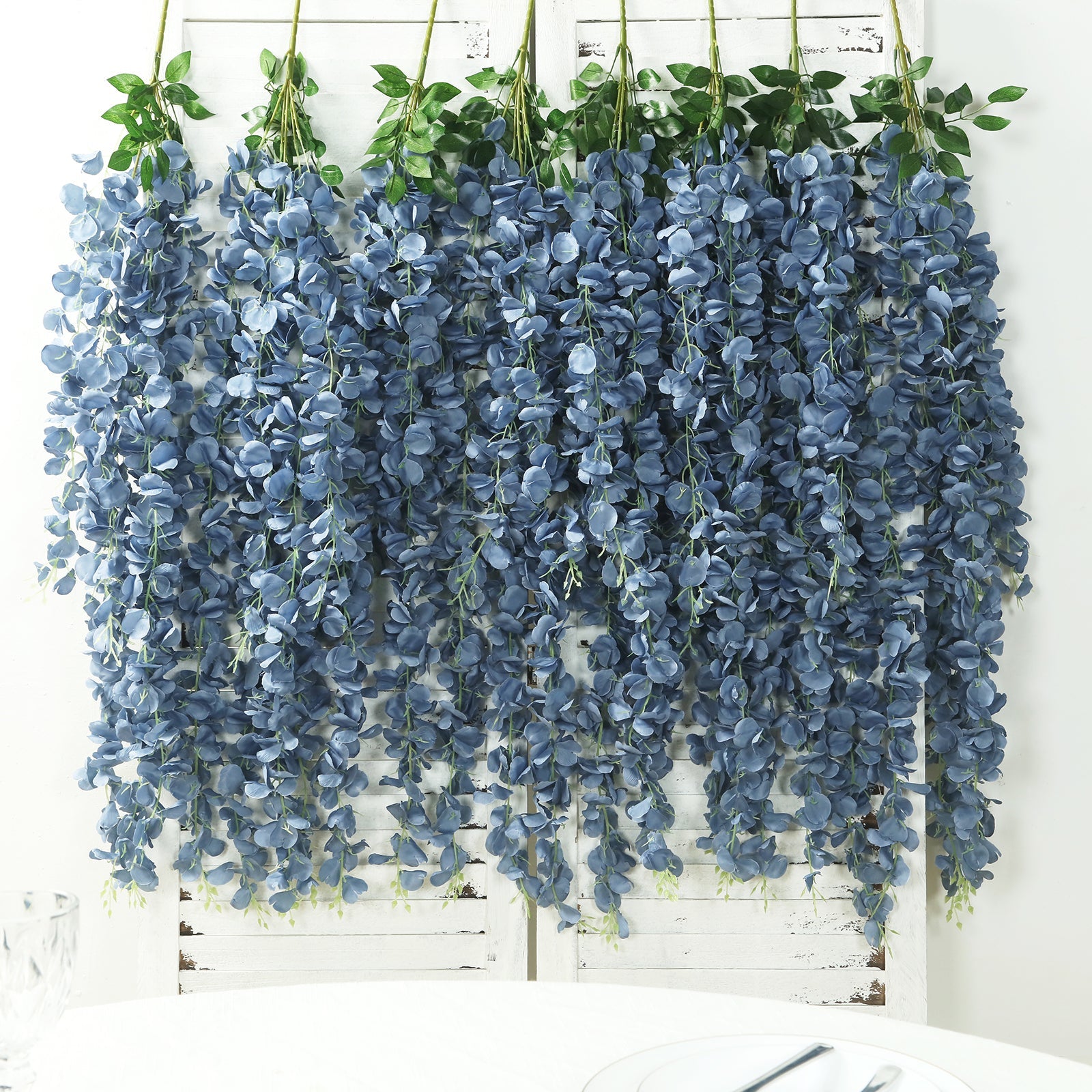 42 Silk Hanging Wisteria Flower Garland Vines in Dusty Blue, Elaborated 5 Full Strands in 1 Bush