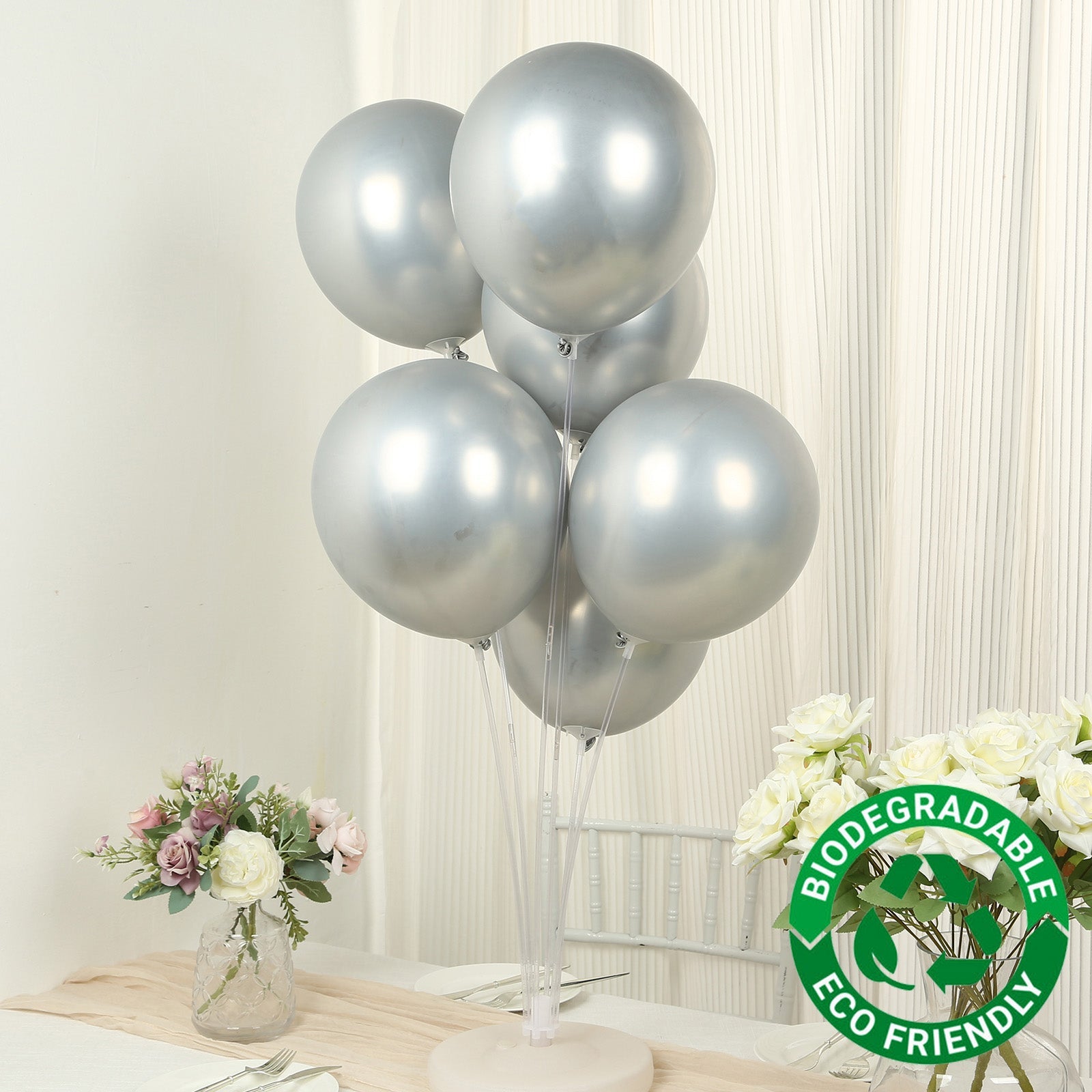 50 Pack Chrome Silver Biodegradable Latex Balloons 12, Thick Eco Friendly Metallic Party Balloons