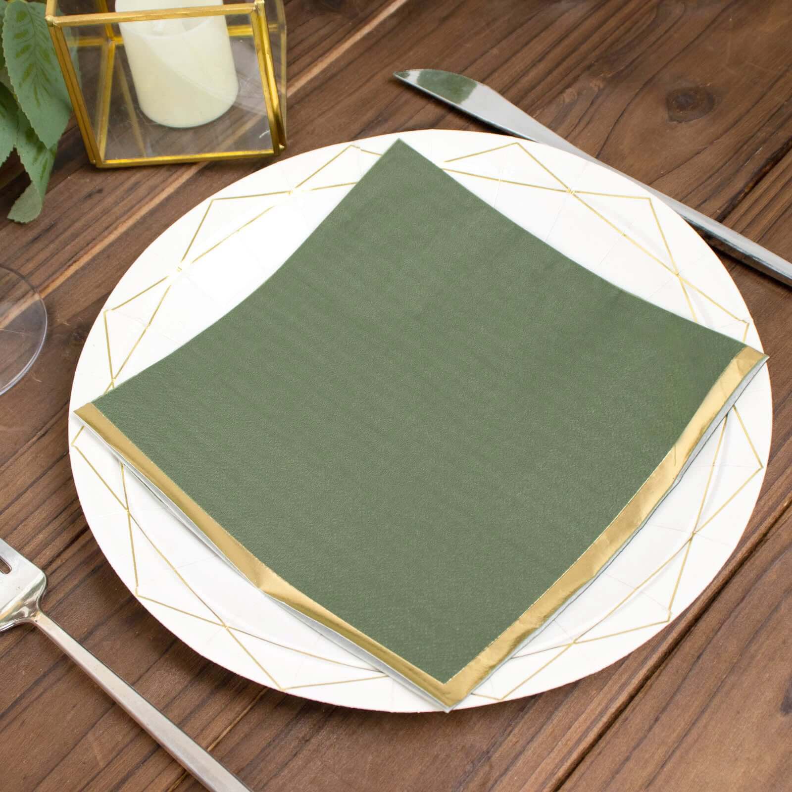 50-Pack Paper Beverage Napkins with Gold Foil Olive Green - Disposable 2 Ply Cocktail Napkins for Events 6.5x6.5