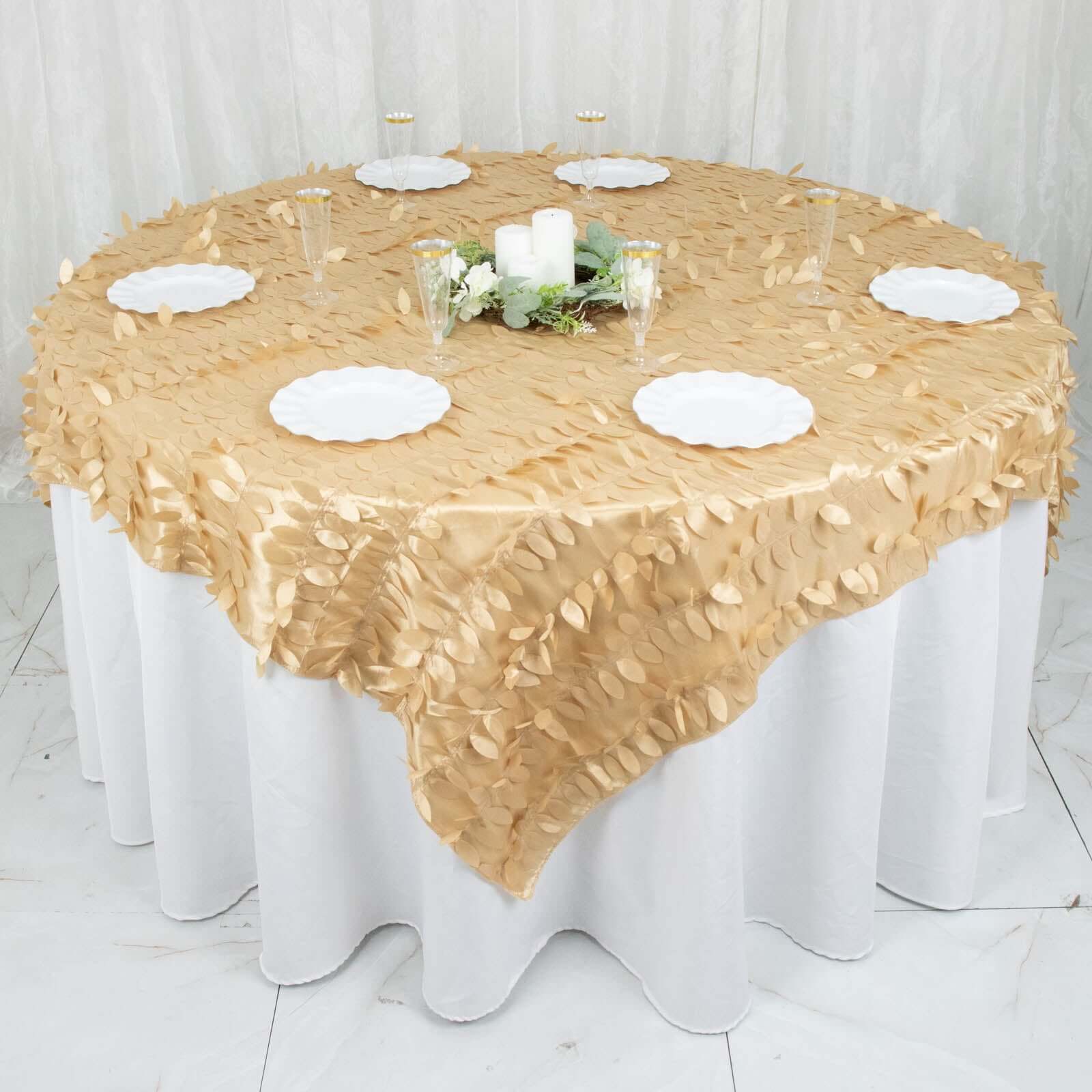 Taffeta 72x72 Table Overlay Square Tablecloth Champagne - 3D Leaf Petal Table Cover