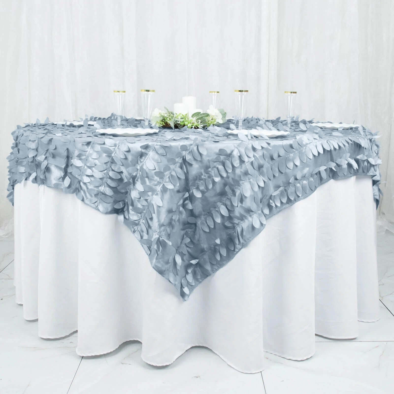 Taffeta 72x72 Table Overlay Square Tablecloth Dusty Blue - 3D Leaf Petal Table Cover