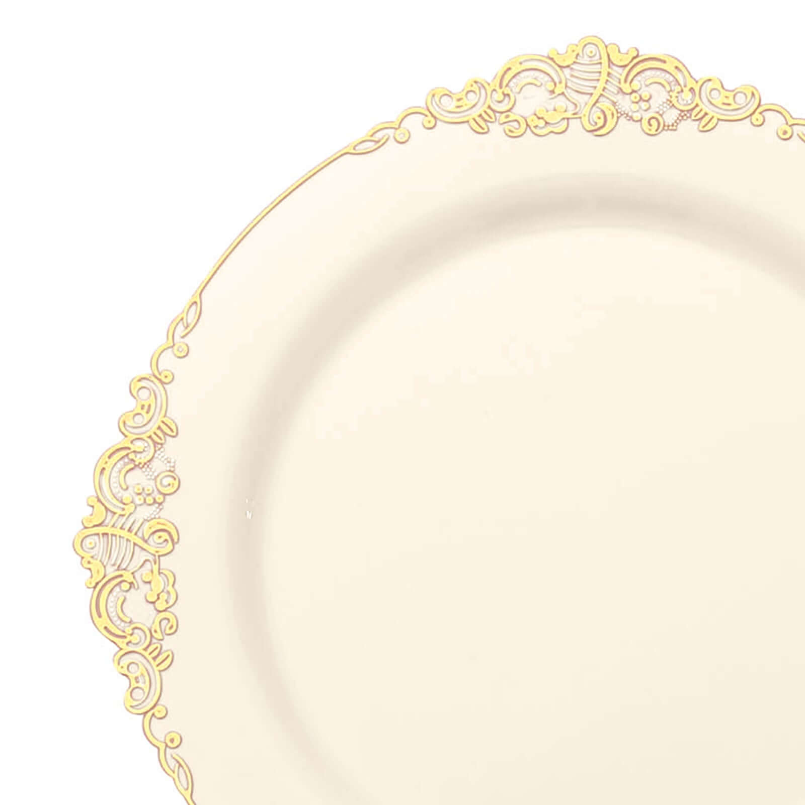 10-Pack Plastic 8 Round Dessert Plates in Ivory with Gold Leaf Embossed Rim - Disposable Vintage Baroque Style Salad Plates