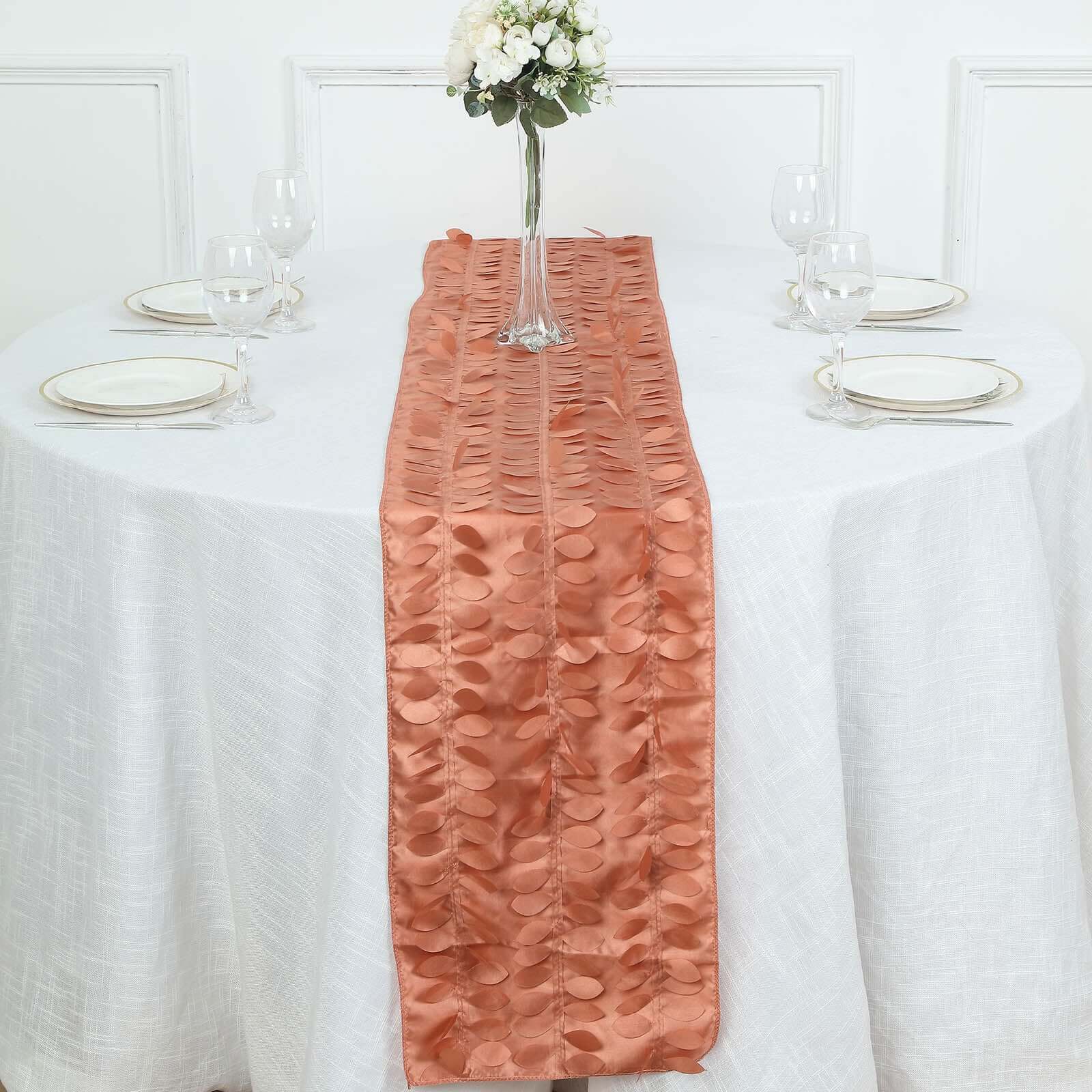 Taffeta Fabric 12x108 Table Runner Terracotta (Rust) - 3D Leaf Petal Design