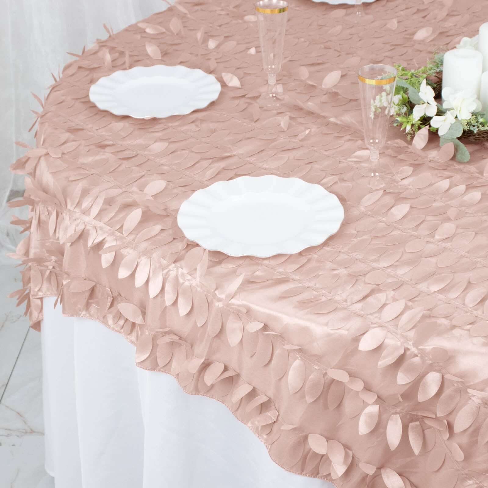 Taffeta 72x72 Table Overlay Square Tablecloth Dusty Rose - 3D Leaf Petal Table Cover