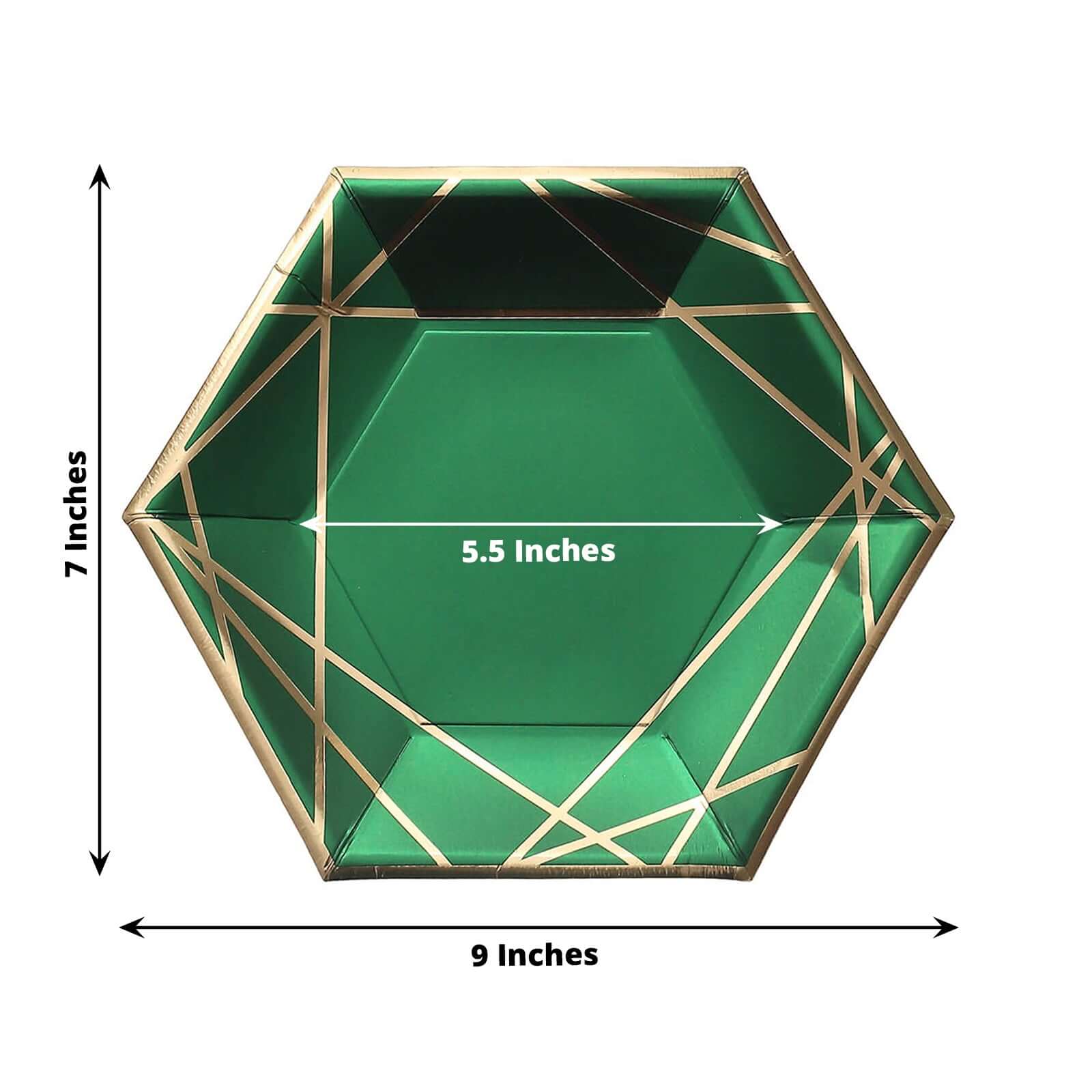 25-Pack Paper 7 Hexagon Dessert Plates in Hunter Emerald Green with Gold Geometric Lines & Rim - Stylish Disposable Geometric 300GSM Appetizer Salad Plates