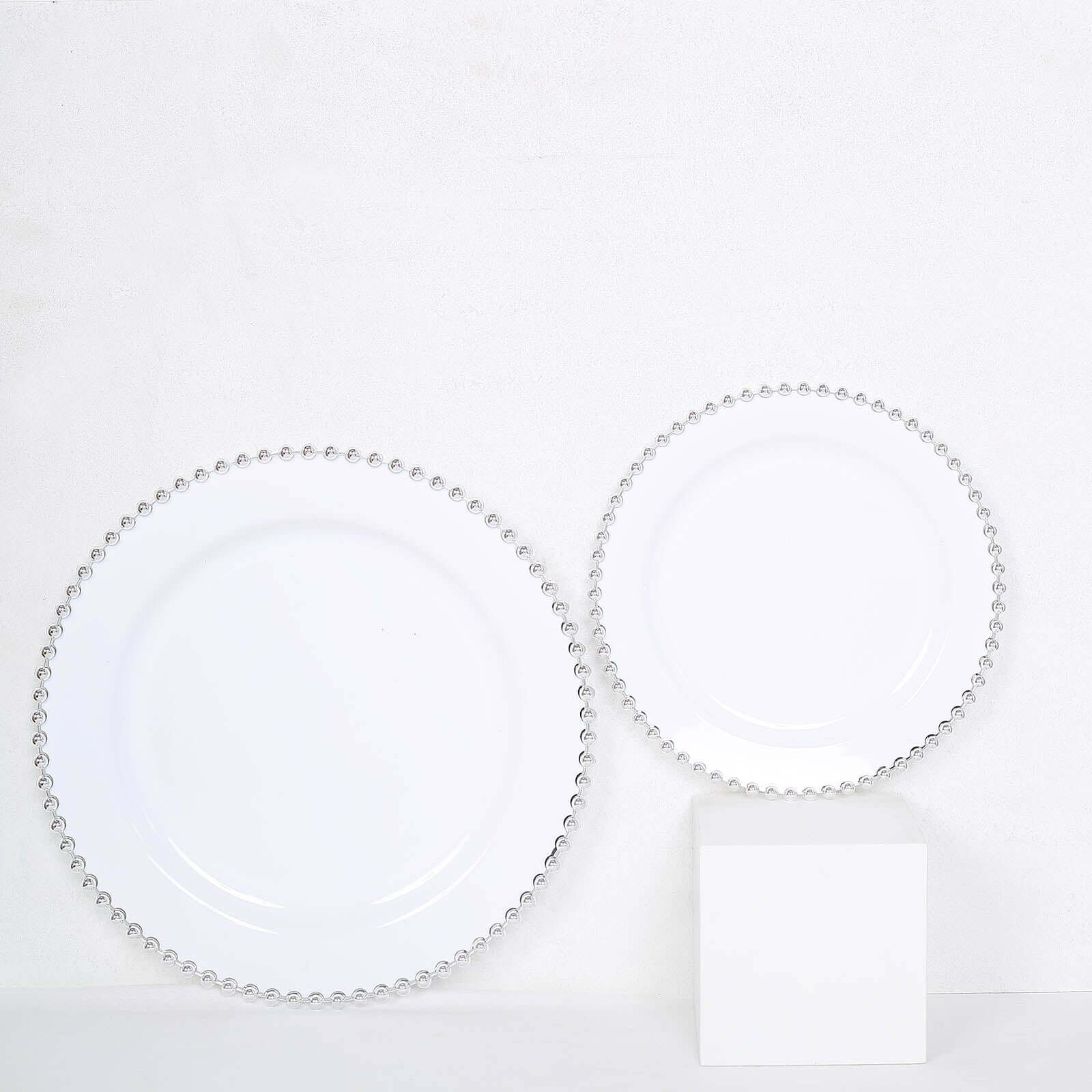 10-Pack Plastic 10 Round Dinner Plates in White with Silver Beaded Rim - Disposable Party Plates