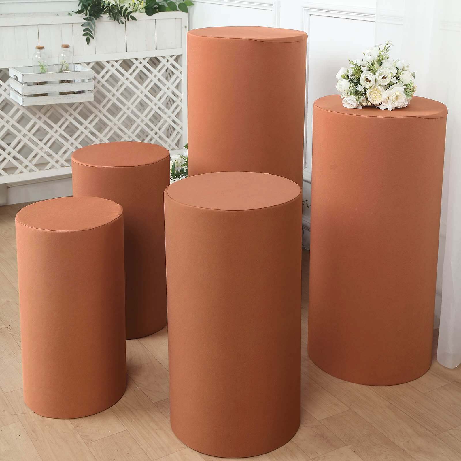 Set of 5 Terracotta (Rust) Spandex Cylinder Pedestal Stand Covers, Stretchable Pillar Prop Covers - 160 GSM