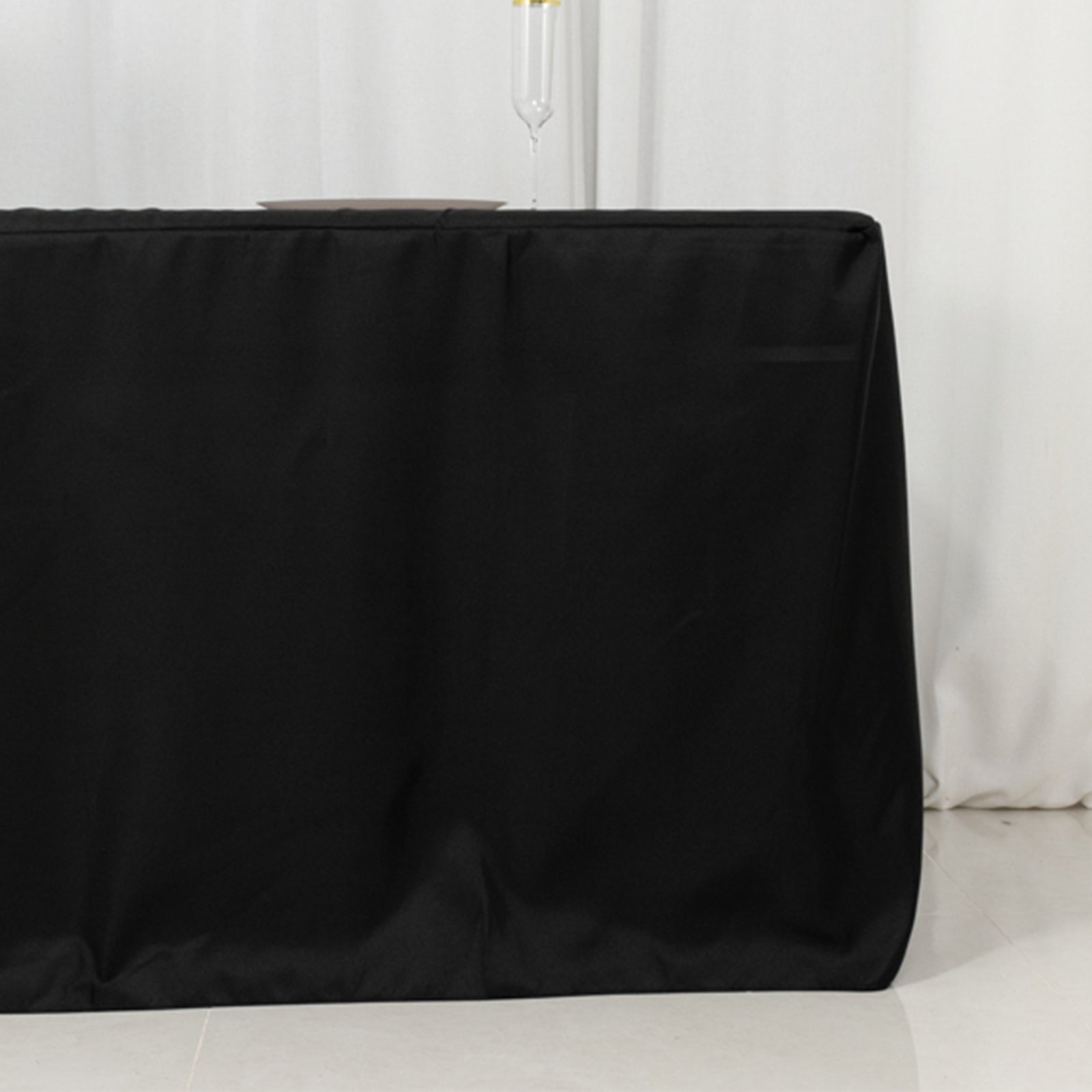 Fitted Polyester 96x30 Rectangle Tablecloth Black with Open Back Design - Easy to Maintain and Wrinkle-Resistant Table Cover for Trade Shows & Displays