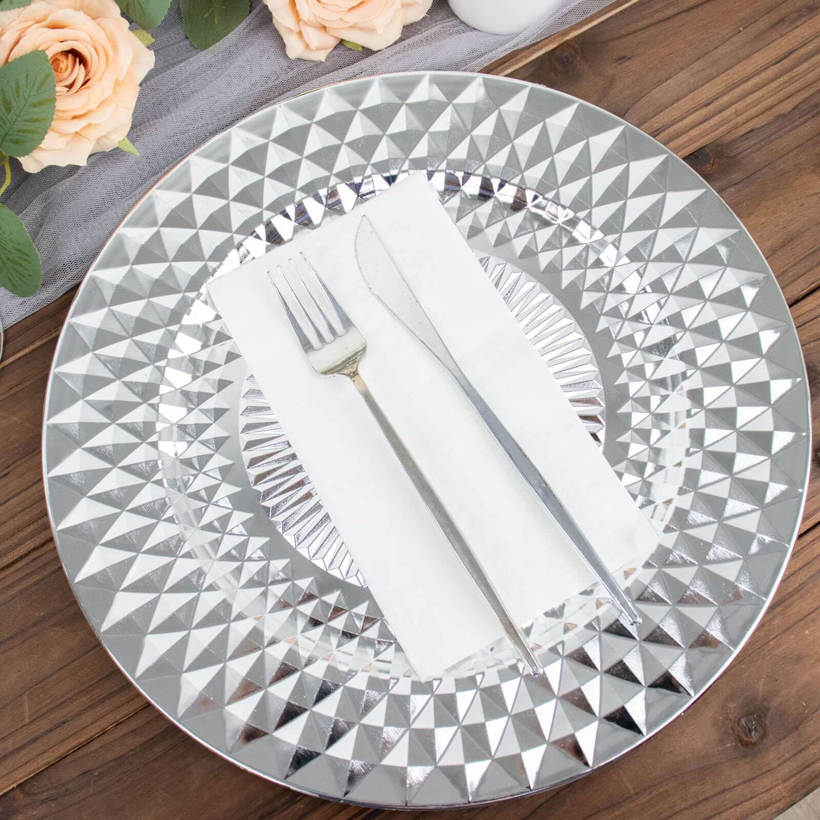 6-Pack Plastic Round Charger Plates 13 in Silver with Diamond Pattern, Sparkling Disposable Dinner Charger Tableware