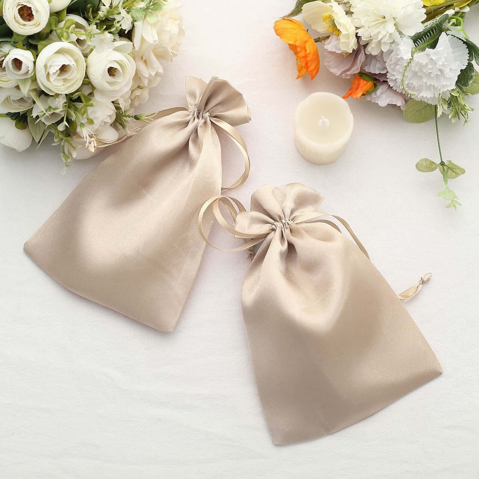 12 Pack 6x9 Beige Satin Drawstring Wedding Party Favor Gift Bags