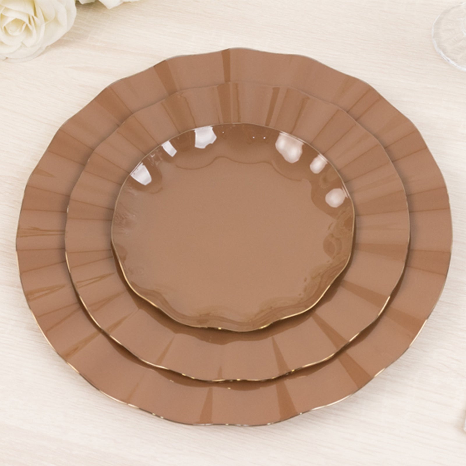 10-Pack Plastic Round 6 Dessert Plates in Coffee Brown Ruffled Rim with Gold Edging - Sturdy Disposable Salad Appetizer Dinnerware