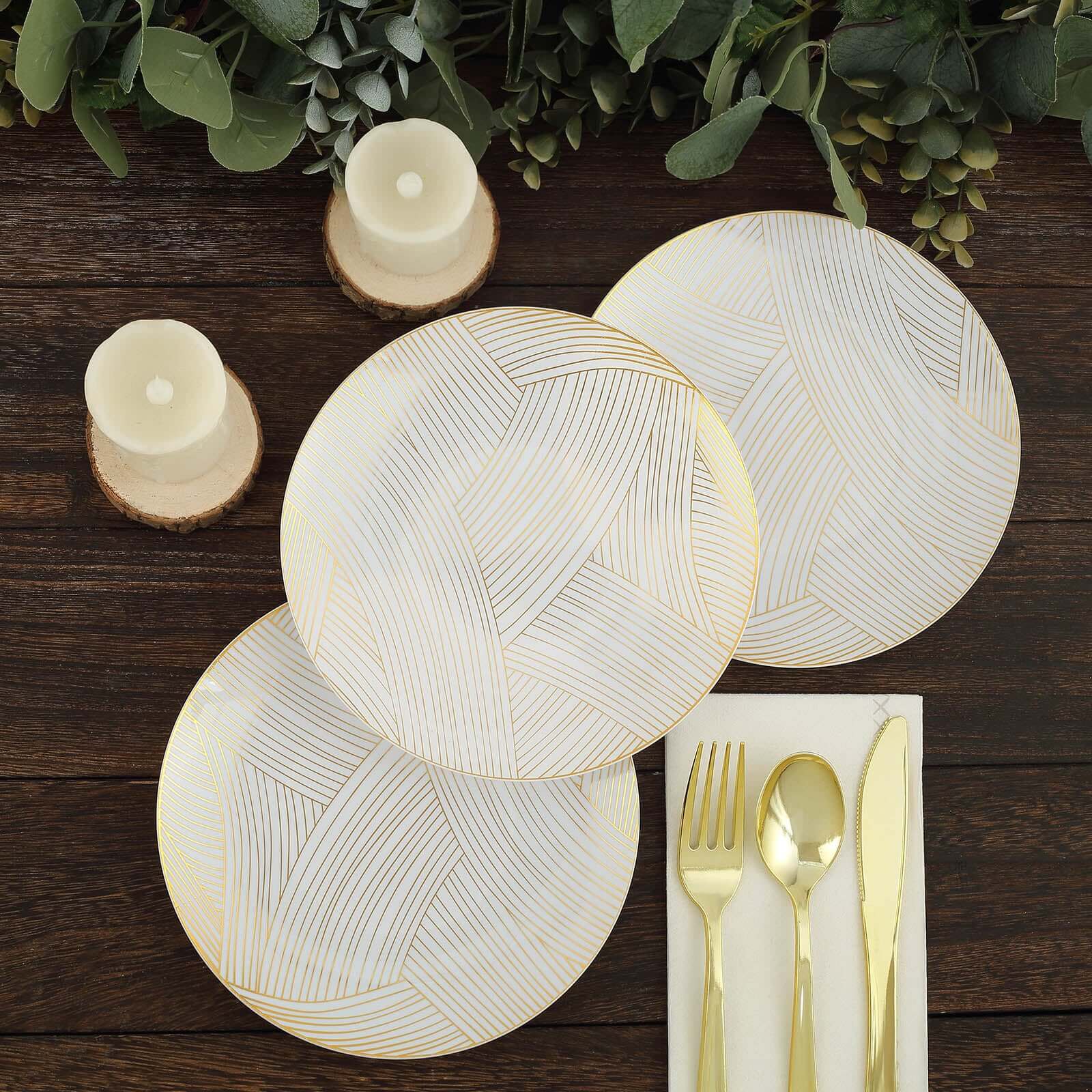 10-Pack Plastic 7 Round Dessert Plates in White with Gold Wave Brush Strokes Pattern - Disposable Appetizer Salad Plates for Modern & Classy Table Decor