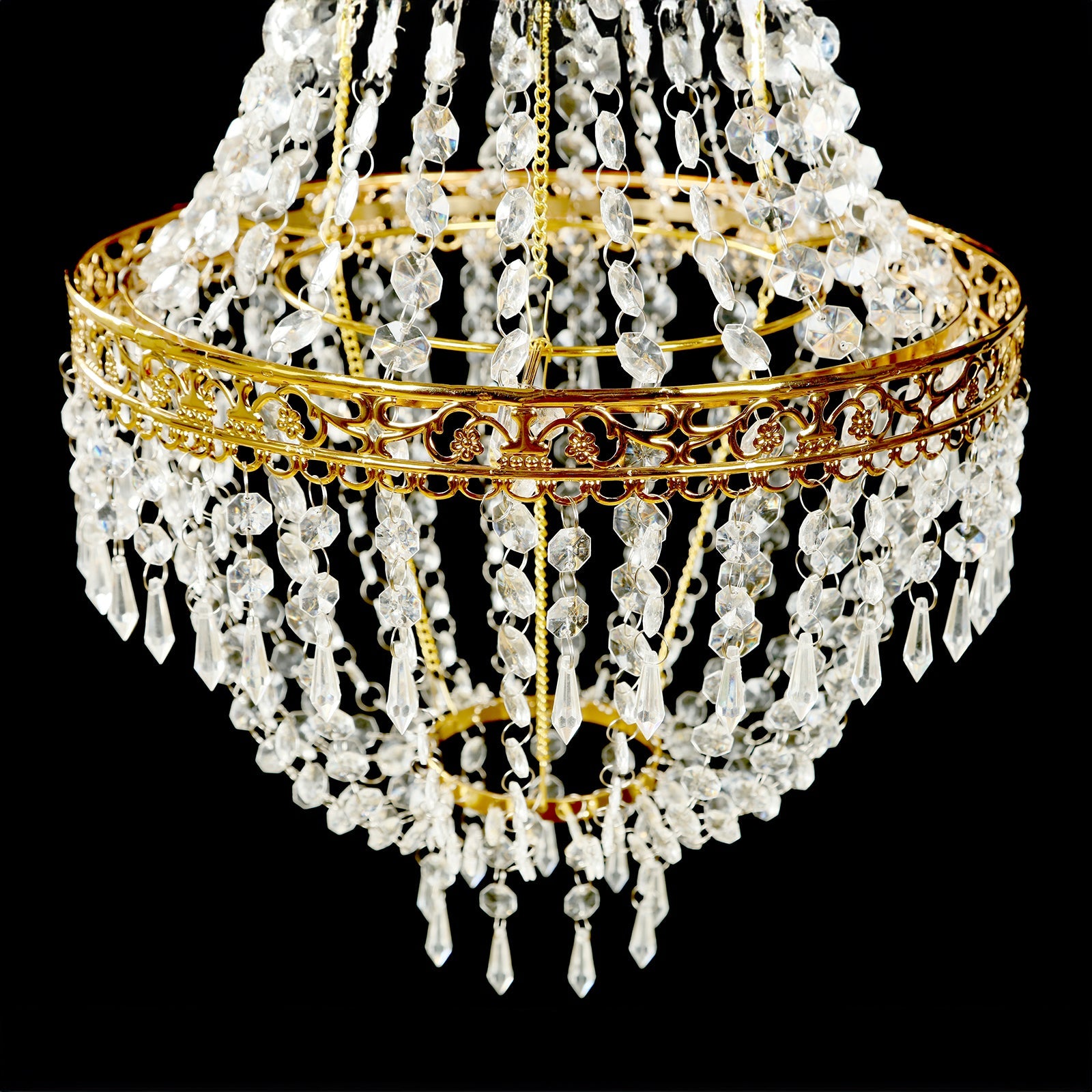 2ft Empire Style Beaded Crystal Chandelier with Gold Ornate Metal Frame, Adjustable Hanging Farmhouse Pendant Ceiling Lighting