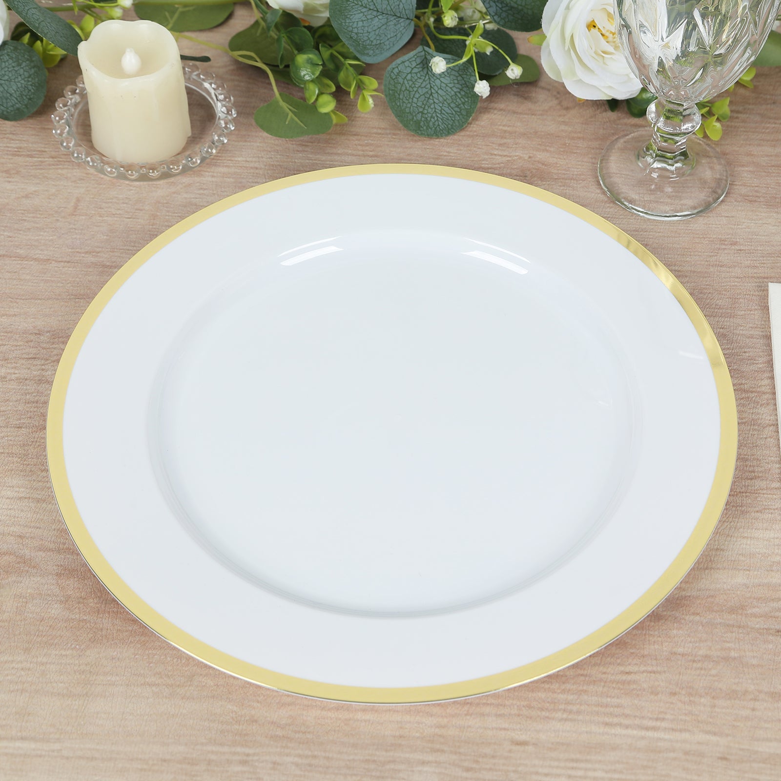 10-Pack Economy Plastic Round Charger Plates 12 in White with Wide Gold Rim, Decorative Dinner Party Serving Plates