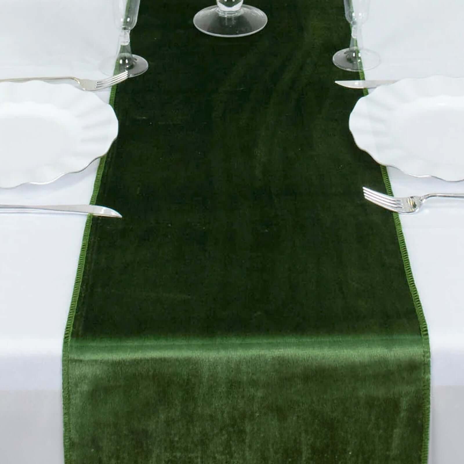 Premium Velvet 12x108 Table Runner Olive Green - Sheen Finish Reusable Table Decor