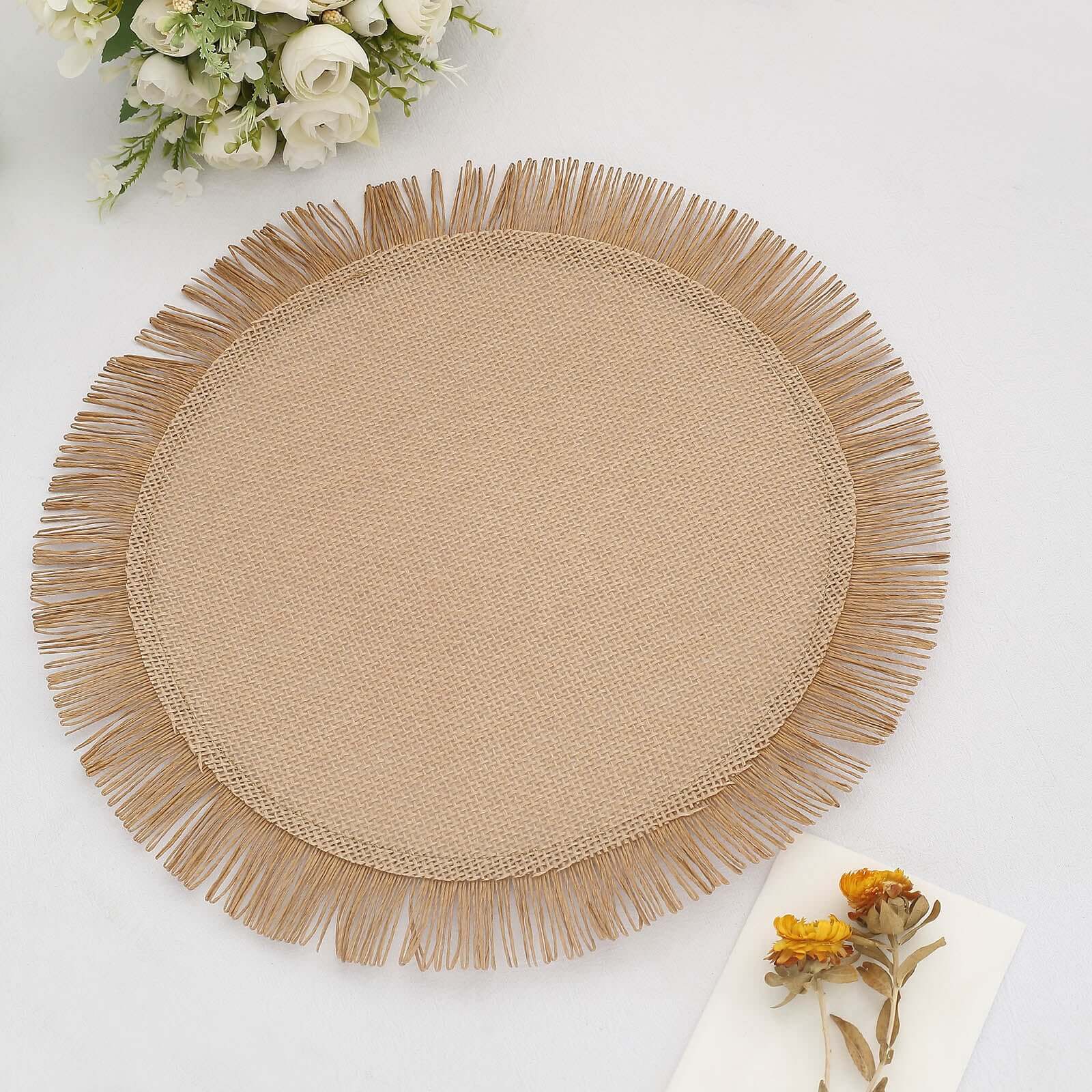 4-Pack Placemats Fringe Edge Design Natural Jute Round - Rustic Boho Chic Burlap Table Decor 16