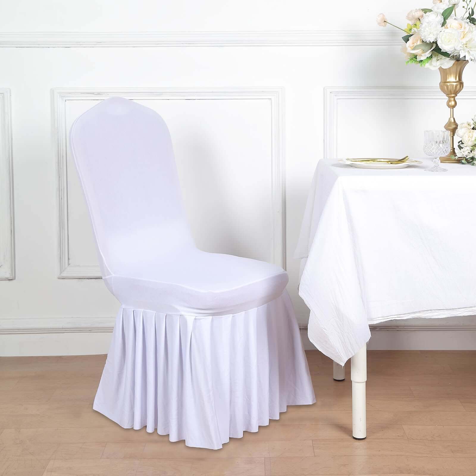 Spandex Chair Cover with Ruffle Pleated Skirt for Banquet Chairs White - Stylish 1-Piece Stretch Fitted Design