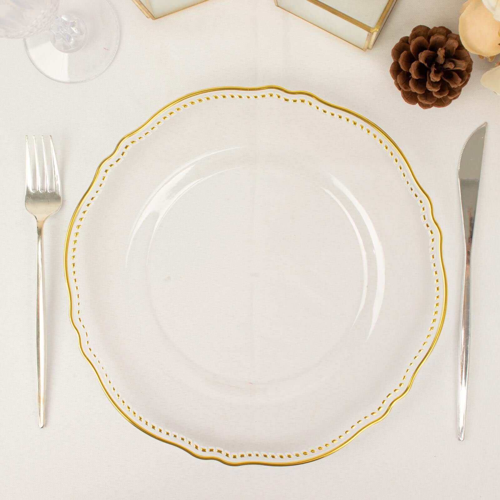 10-Pack Plastic 10 Dinner Plates in Clear with Gold Scalloped Rim - Disposable Large Party Plates