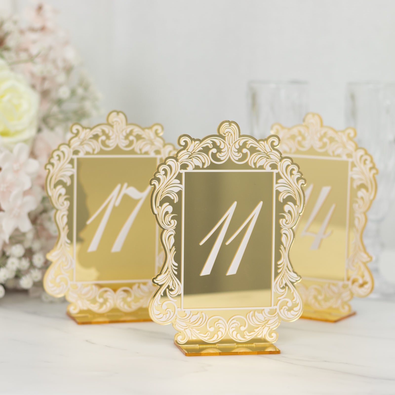 Gold Mirror Arch Acrylic Table Numbers (11-20) - 5x7 Wedding Reception Signs with Baroque Lace Border, White Print & Stands