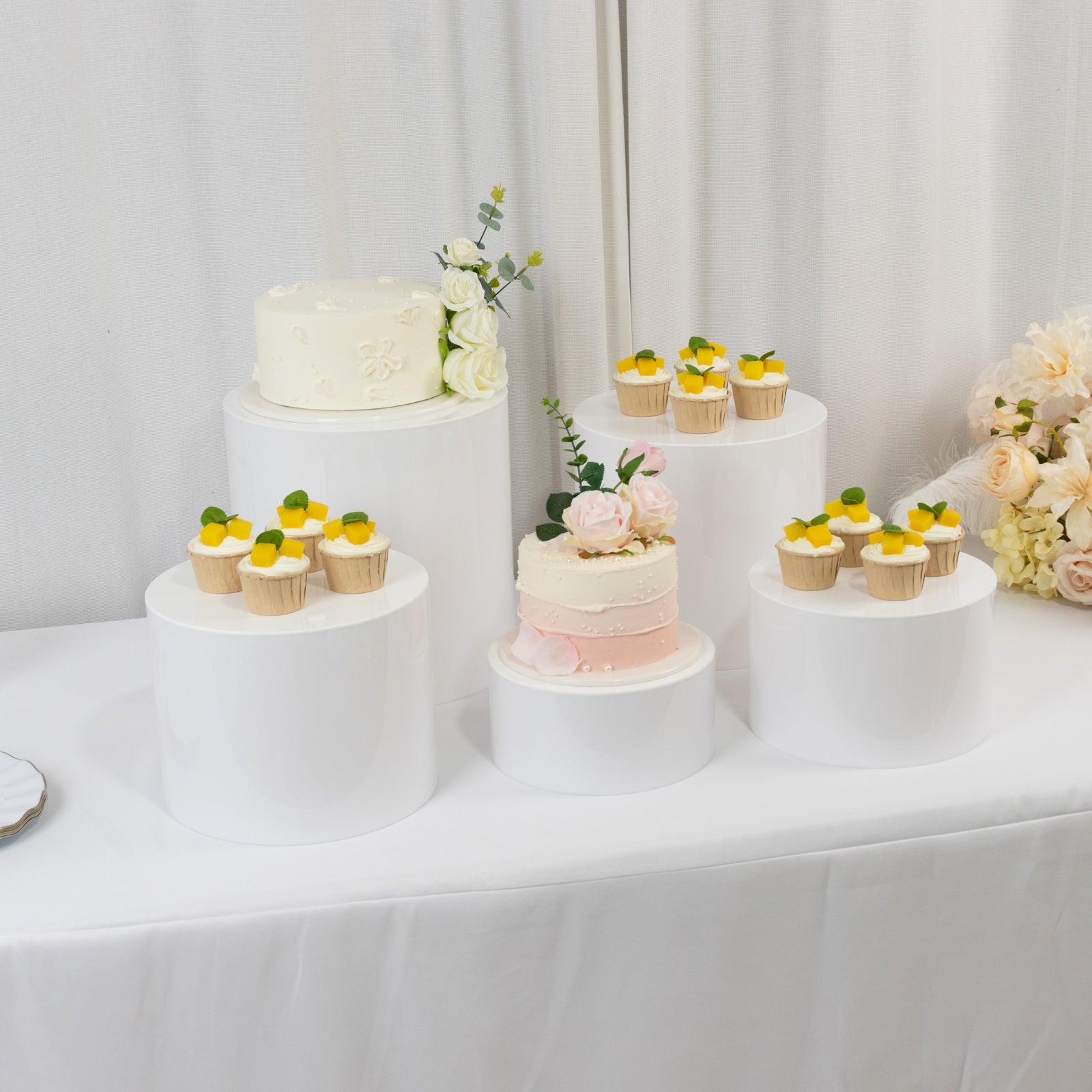 Set of 5 Acrylic Cake Stands Cylinder Design Round White - Display Risers for Events 4, 6, 8, 10, 12