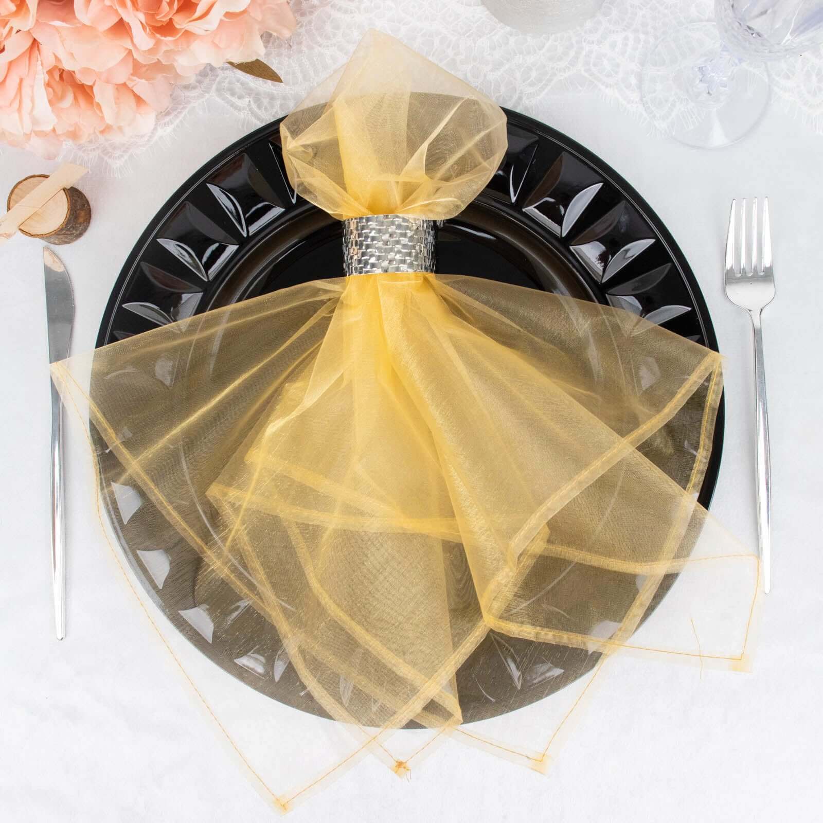 10 Pack Organza 23x23 Napkins Gold - Exquisite Sheer Cloth Napkins for Formal & Casual Events