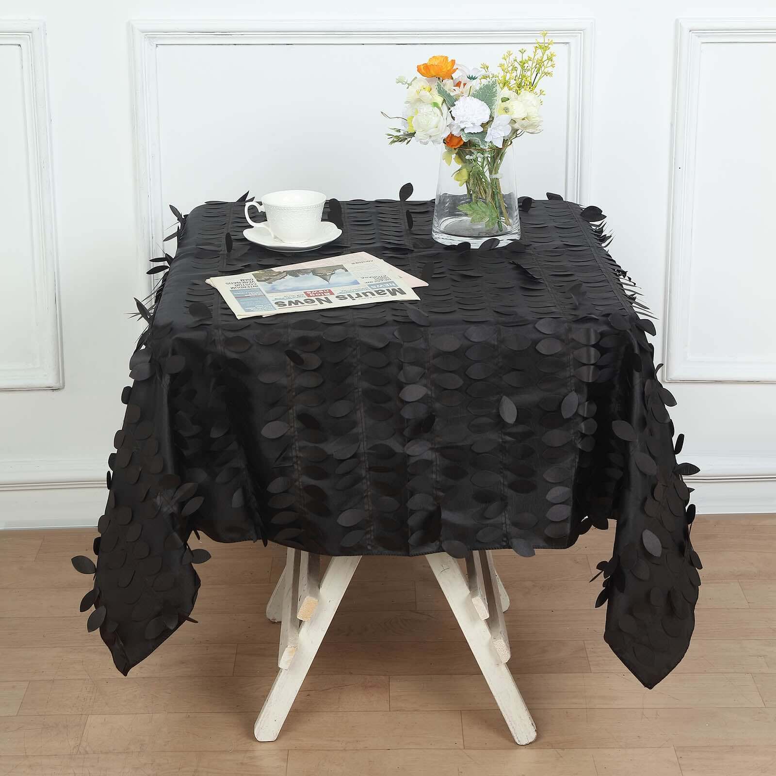Taffeta 54x54 Square Tablecloth Black 3D Leaf Petal Table Cover