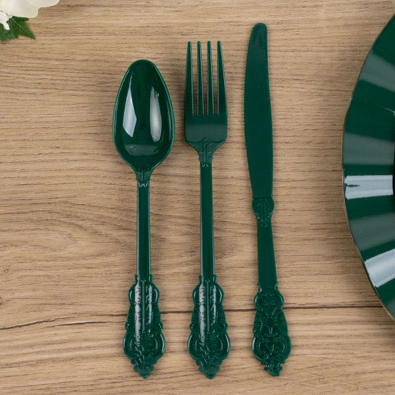 72 Pcs Plastic Silverware Set in Baroque Style Hunter Emerald Green - Heavy Duty Disposable Knife, Fork, and Spoon Set