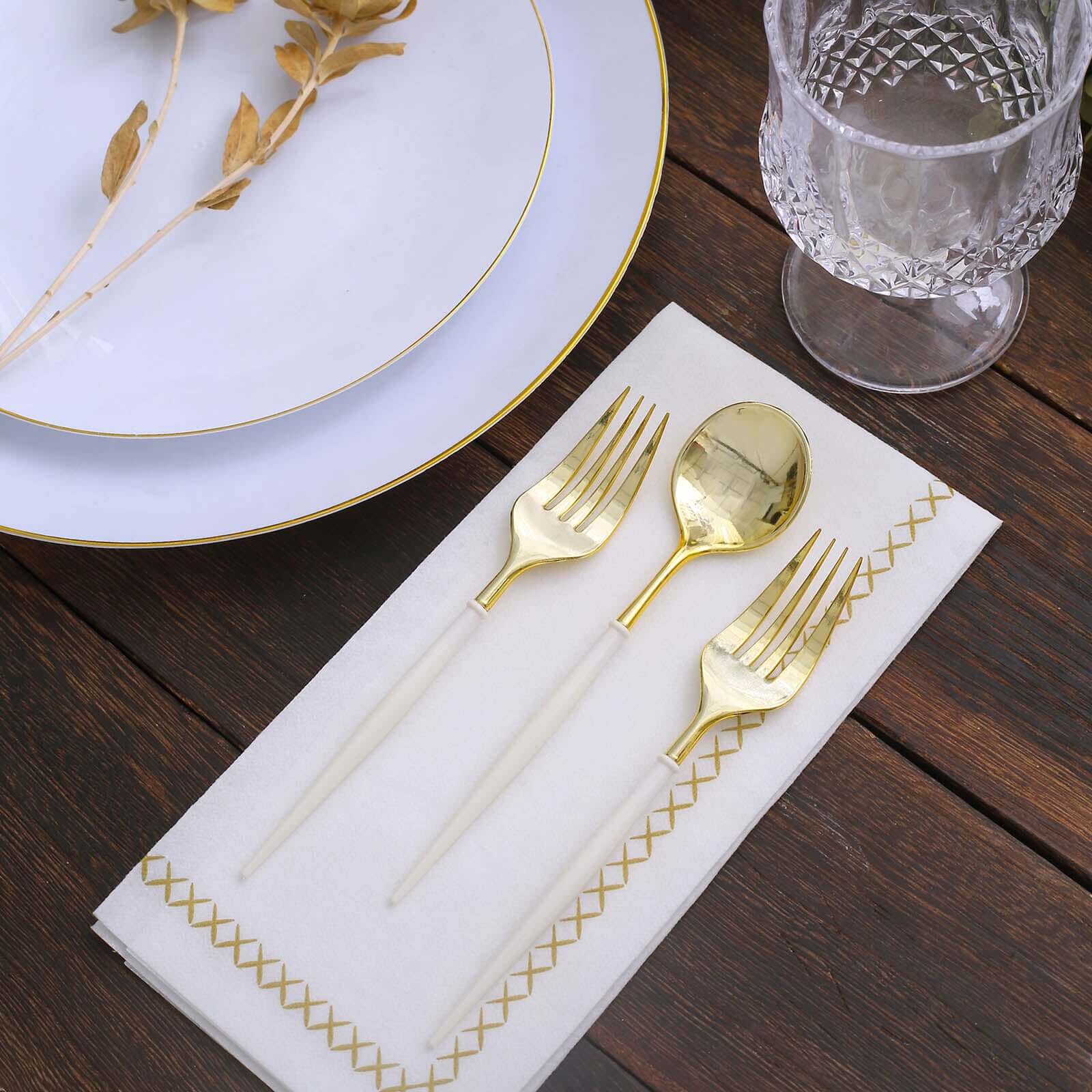 24-Pack Plastic Fork and Spoon Set Gold/Ivory - Heavy Duty Disposable Modern Utensils 6