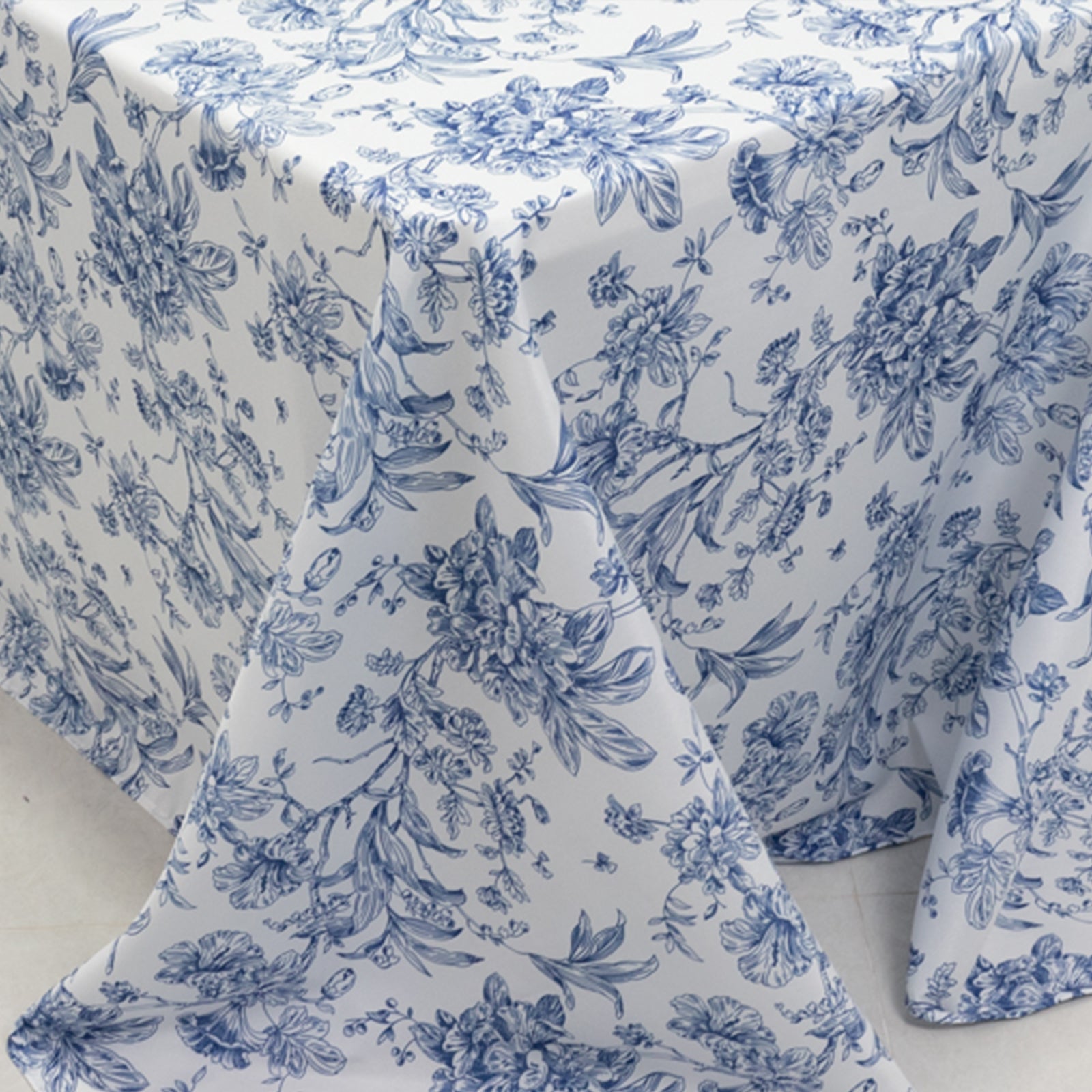 Polyester 90x156 Rectangle Tablecloth White - Seamless Blue French Toile Pattern for Chic Weddings