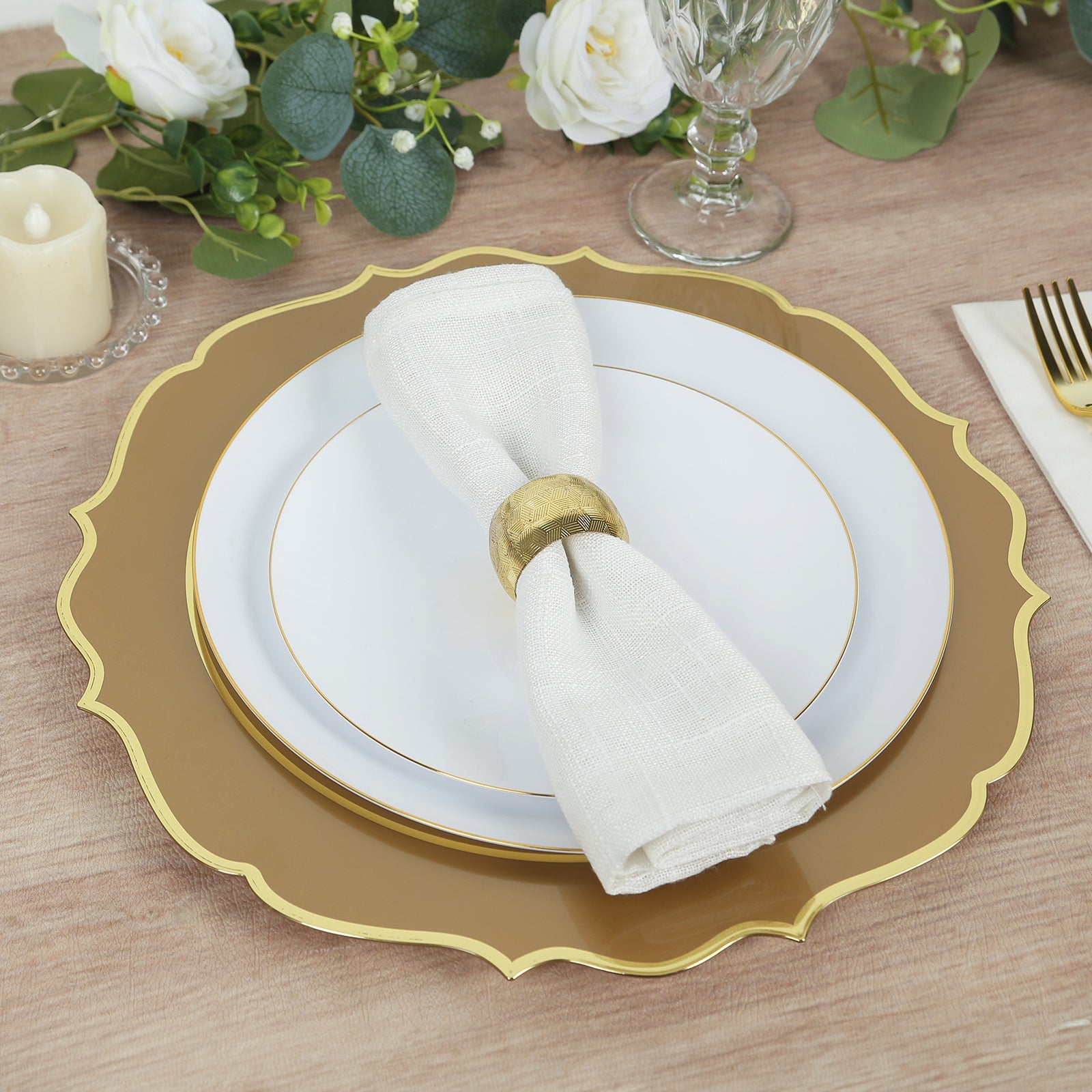 10-Pack Economy Plastic Round Charger Plates 13 in Gold with Scalloped Rim, Decorative Dinner Party Serving Plates