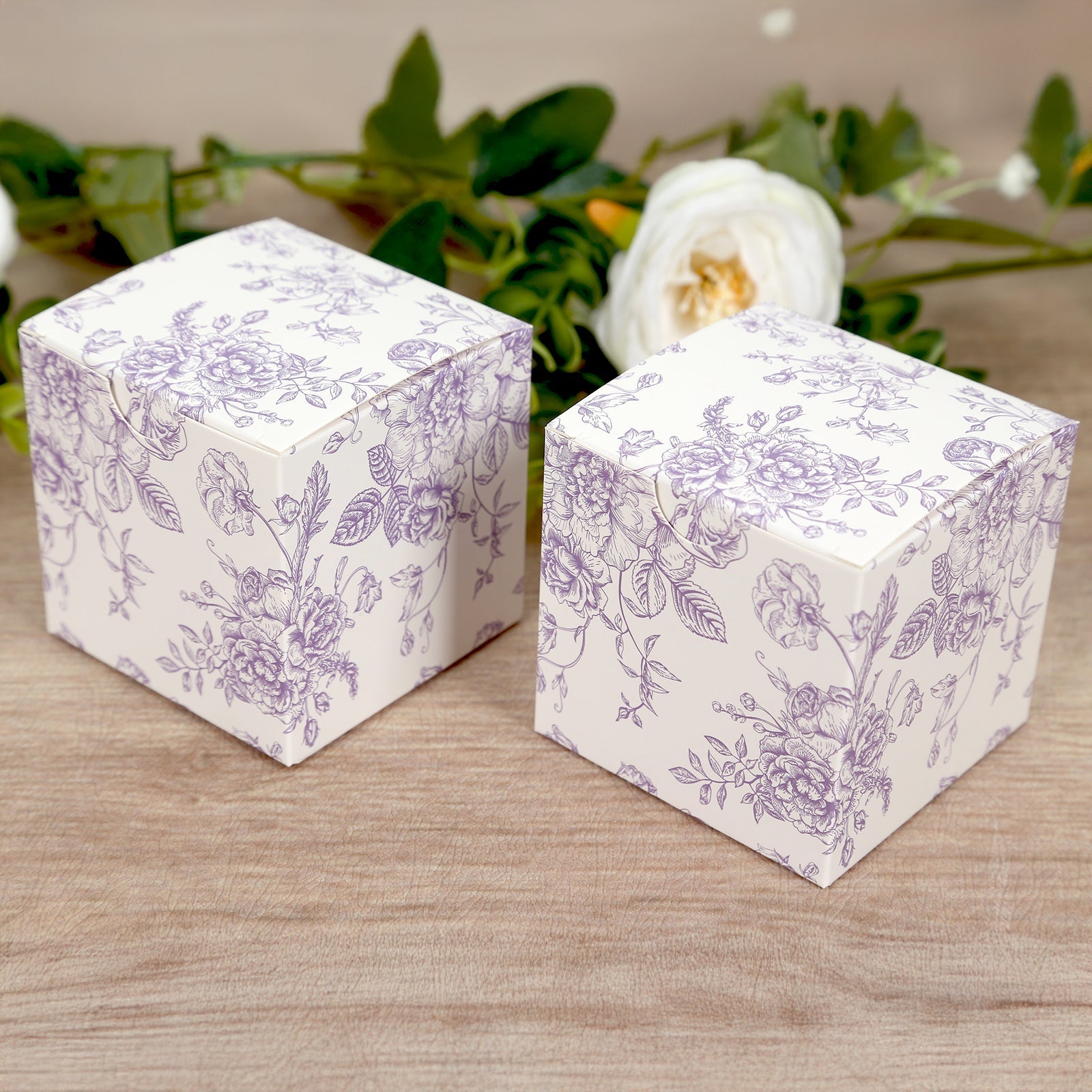25 Pack Candy Treat Favor Boxes in French Toile Pattern - Matte Lavender and White Party Gift Boxes, Cardstock Paper - 3x3