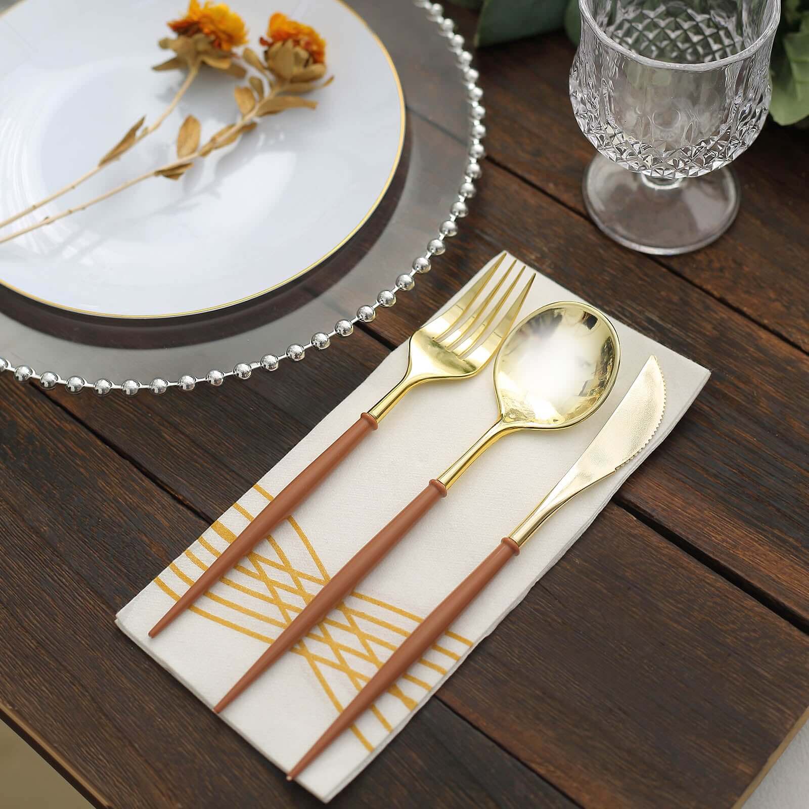 24-Pack Plastic Flatware Set in Metallic Gold with Brown Handle - Heavy Duty Disposable Modern Silverware 8